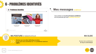 6 - PROBLÈMES IDENTIFIÉS
❯ Guide méthodologique du pitch
76
Mes messages à délivrer
MA POSTURE D’OBSERVATEUR
Vous pointez du doigt les principaux problèmes
de vos personas que vous souhaitez résoudre.
Montrez que vous êtes méthodique et précis
et que vous vous concentrez sur 1 à 3 problèmes maximum.
CQFD !
Illustrez le(s) problème(s)
de façon schématique
MA SLIDE
 