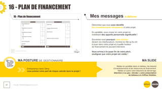 16 - PLAN DE FINANCEMENT
❯ Guide méthodologique du pitch
87
Mes messages à délivrer
MA POSTURE DE GESTIONNAIRE
Démontrez que vous avez identifié
les investissements nécessaires à votre projet.
En parallèle, vous croyez en votre projet en
mobilisant des apports personnels significatifs !
Souvenez-vous pourquoi vous pitchez
devant vos interlocuteurs, montrez le rôle qu’ils ont
à jouer dans votre projet et à quelle hauteur
de financement ils peuvent intervenir.
Vous arrivez à la quasi fin de votre pitch,
soulignez que votre projet est viable !
Entrepreneur dans l’âme,
vous prenez votre part de risque calculé dans le projet !
Mettez en parallèle dans un tableau, les besoins
d’investissements et les ressources de financement.
Mettez en avant votre trésorerie de démarrage.
Attention à ne pas « blinder » votre présentation
de tableaux et chiffres illisibles.
MA SLIDE
 