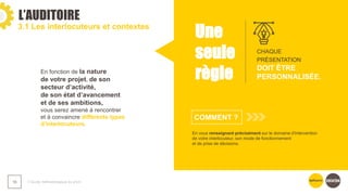 L’AUDITOIRE
❯ Guide méthodologique du pitch
16
3.1 Les interlocuteurs et contextes
En vous renseignant précisément sur le domaine d'intervention
de votre interlocuteur, son mode de fonctionnement
et de prise de décisions.
Une
seule
règle
COMMENT ?
CHAQUE
PRÉSENTATION
DOIT ÊTRE
PERSONNALISÉE.
En fonction de la nature
de votre projet, de son
secteur d’activité,
de son état d’avancement
et de ses ambitions,
vous serez amené à rencontrer
et à convaincre différents types
d’interlocuteurs.
 