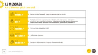 ❯ Guide méthodologique du pitch
24
4.4 L’elevator pitch : en bref
QUI
PITCHE ?
Porteurs d’idée, Porteurs de projet, entrepreneurs déjà en activité.
DEVANT
QUI ?
Toutes les personnes qui peuvent jouer un rôle dans votre projet que vous seriez amené
à rencontrer dans différentes circonstances : événement networking, salons professionnels,
rendez-vous d’affaires, dispositifs d’accompagnement, investisseurs potentiels, etc.
QUEL
FORMAT ?
Pitch oral SANS AUCUN SUPPORT.
COMBIEN
DE TEMPS ?
1 à 2 minutes maximum.
QUEL
OBJECTIF ?
Convaincre et donner envie d’en savoir plus sur votre projet.
LE MESSAGE
 