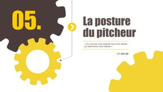 05. La posture
du pitcheur
« Ce n’est pas votre aptitude mais votre attitude
qui déterminera votre altitude »
ZIG ZIGLAR
 