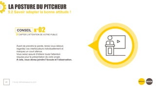 LA POSTURE DU PITCHEUR
❯ Guide méthodologique du pitch
31
5.2 Savoir adopter la bonne attitude !
CONSEIL N°02
CAPTER L'ATTENTION DE VOTRE PUBLIC
Avant de prendre la parole, tenez-vous debout,
regardez vos interlocuteurs individuellement et
marquez un court silence.
Vous serez assuré d'obtenir toute l'attention
requise pour la présentation de votre projet.
A cela, vous devez joindre l’écoute et l’observation.
 