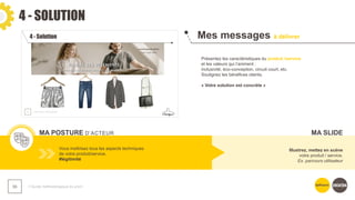 4 - SOLUTION
❯ Guide méthodologique du pitch
56
Mes messages à délivrer
MA POSTURE D’ACTEUR
Présentez les caractéristiques du produit /service
et les valeurs qui l’animent :
inclusivité, éco-conception, circuit court, etc.
Soulignez les bénéfices clients.
« Votre solution est concrète »
Vous maîtrisez tous les aspects techniques
de votre produit/service.
#légitimité
Illustrez, mettez en scène
votre produit / service.
Ex. parcours utilisateur
MA SLIDE
 