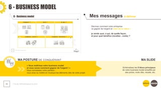 6 - BUSINESS MODEL
❯ Guide méthodologique du pitch
59
Mes messages à délivrer
MA POSTURE DE CONQUÉRANT
Décrivez comment votre entreprise
va gagner de l’argent et créer de la valeur :
je vends quoi, à qui, de quelle façon,
et pour quel bénéfice (recettes - coûts) ?
« Vous maîtrisez votre business model
et vous savez comment gagner de l’argent ! »
Vous connaissez votre partition :
vous avez su mettre en musique les éléments clés de votre projet
Schématisez les 5 blocs principaux
de votre business model simplifié par
des pictos, mots clés, visuels, etc.
MA SLIDE
 