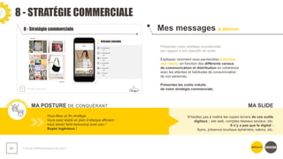 8 - STRATÉGIE COMMERCIALE
❯ Guide méthodologique du pitch
61
Mes messages à délivrer
MA POSTURE DE CONQUÉRANT
Présentez votre stratégie commerciale
par rapport à vos objectifs de vente.
Expliquez comment vous parviendrez à toucher
vos clients en fonction des différents canaux
de communication et distribution en cohérence
avec les attentes et habitudes de consommation
de vos personas.
Présentez les coûts induits
de votre stratégie commerciale.
Vous êtes un fin stratège.
Vous avez établi un plan d’attaque efficient :
vous savez faire beaucoup avec peu !
Soyez ingénieux !
N’hésitez pas à mettre les copies écrans de vos outils
digitaux : site web, comptes réseaux sociaux, etc.
Il n’y a pas que le digital :
flyers, présence boutique éphémère, salons, etc.
MA SLIDE
 