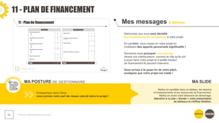 11 - PLAN DE FINANCEMENT
❯ Guide méthodologique du pitch
64
Mes messages à délivrer
MA POSTURE DE GESTIONNAIRE
Démontrez que vous avez identifié
les investissements nécessaires à votre projet.
En parallèle, vous croyez en votre projet en
mobilisant des apports personnels significatifs !
Souvenez-vous pourquoi vous pitchez
devant vos interlocuteurs, montrez le rôle qu’ils ont
à jouer dans votre projet et à quelle hauteur
de financement ils peuvent intervenir.
Vous arrivez à la quasi fin de votre pitch,
soulignez que votre projet est viable !
Entrepreneur dans l’âme,
vous prenez votre part de risque calculé dans le projet !
Mettez en parallèle dans un tableau, les besoins
d’investissements et les ressources de financement.
Mettez en avant votre trésorerie de démarrage.
Attention à ne pas « blinder » votre présentation
de tableaux et chiffres illisibles.
MA SLIDE
 