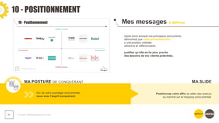 10 - POSITIONNEMENT
❯ Guide méthodologique du pitch
81
Mes messages à délivrer
MA POSTURE DE CONQUÉRANT
Après avoir évoqué vos principaux concurrents,
démontrez que votre produit/service
a une position crédible,
attractive et différenciante :
justifiez qu’elle est la plus proche
des besoins de vos clients potentiels.
Sûr de votre avantage concurrentiel,
vous avez l’esprit conquérant.
Positionnez votre offre et celles des acteurs
du marché sur le mapping concurrentiel.
MA SLIDE
 
