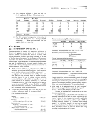CHAPTER 13 AG G R EG A TE PLA N N I N G 199
1
(b) Each employee produces 2 units per day. So,
2  10 employees  20 days = 400 units per period
(c) Plan B is certainly less expensive, but over the six
months Bell Refrigeration has a shortage of 2000
refrigerators . . . about half of its sales. The loss
suggests this is not a good plan
CASE STUDIES
SOUTHWESTERN UNIVERSITY: G
This case provides the student with quantitative information to
develop an aggregate capacity plan, but, as often occurs in
services, demand is so variable that there are not many viable
staffing alternatives. Students may also be frustrated by the lack
of detailed data on the nature of service demand and the resources
required to meet demand. Even with these drawbacks, the student
should be able to gain insight into the aggregate planning problem
and help the chief justify his personnel requests. Students may
want to talk with the police department at their own university to
see how it handles similar problems.
1. Which variations in demand for police services should be con-
sidered in an aggregate plan for resources? Which variations
can be handled with short-term scheduling adjustments?
An aggregate plan should set full-time staffing levels; esti-
mate part-time and overtime needs for budget purposes;
determine times of the year for training, vacations, and other
nonessential duties; and establish an agreed-upon level of
police services for the university community (i.e., What role
is the police officer to play? What response time to calls for
service is appropriate? What services should be provided?).
Short-term scheduling adjustments can be made for different
days of the week, shifts, and special events.
2. Evaluate the current staffing plan. What does it cost? Are
26 officers sufficient to handle the normal workload?
Cost of current staffing plan:
Normal workload during fall and spring semesters:
Number of 24-hour positions each week = 16.6/3 = 5.5
Number of persons required = 5.5 positions
 5 persons/position
= 27.6 persons
Normal workload during the summer:
Number of 24-hour positions each week = 8.4/3 = 2.8
Number of persons required = 2.8 positions 5 persons/position
= 14 persons
Twenty-six officers is more than enough to handle the normal
workload duringthethreesummer months. However, duringthe
remaining nine months of the year, the police department is al-
most two persons short. Obviously, some overtime is currently
being used to meet the demands of the normal workweek.
3. What would be the additional cost of the chief’s proposal?
How would you suggest that the chief justify his request?
Salary: 4 officers  $28,000 per year = $112,000
Overtime: no additional cost, as subcontracting and over-
time costs are the same.
To justify his proposal, thechief should point out that two
positions (representing $56,000) are needed to pursue the uni-
versity’s request for more crime prevention, safety, and health
programs. Theother two positions could save up to $18,720 in
overtime premiums (total OT of 2,400 hours minus football
game OT of 1,360 hours times $18 per hour) and are needed
to maintain the desired level of police services. On a per hour
basis, the salaried services are more cost effective than using
overtime or subcontracting (@ $18/hour).
Salaries:
26 officers  $28,000 per year = $728,000
Overtime:
2,400 hours per year  $18 per hour = $43,200
Subcontractors:
40 officers  9 hours  $18 per hour 
5 football games per year = $32,400
25 part-timers  9 hours  $9 per hour 
5 football games per year = $10,125
$813,725
Weekday Weekend 7-day Average
1st shift 5 4 4.7
2nd shift 5 6 5.3
3rd shift 6 8 6.6
16.6
Weekday Weekend 7-day Average
1st shift 2.5 2 2.4
2nd shift 2.5 3 2.7
3rd shift 3 4 3.3
8.4
Forecast Reg Time
Period Demand Production Inventory Holding Shortage Change Increase Decrease
Jan 400 400 250 250 0 80 80 0
Feb 500 400 150 150 0 0 0 0
Mar 550 400 0 0 0 0 0 0
Apr 700 400 –300 0 300 0 0 0
May 800 400 –700 0 700 0 0 0
June 700 400 –1000 0 1000 0 0 0
Total 3650 2400 400 2000 80 0
Cost $115,200 $3,200 $0 $3,200 $0
Total Cost $121,600
 