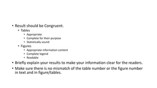 • Result should be Congruent.
• Tables
• Appropriate
• Complete for their purpose
• Statistically sound
• Figures
• Appropriate information content
• Complete legend
• Readable
• Briefly explain your results to make your information clear for the readers.
• Make sure there is no mismatch of the table number or the figure number
in text and in figure/tables.
 