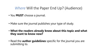 Where Will the Paper End Up? (Audience)
• You MUST choose a journal.
• Make sure the journal publishes your type of study.
• What the readers already know about this topic and what
they want to know now?
• Read the author guidelines specific for the journal you are
submitting to.
 