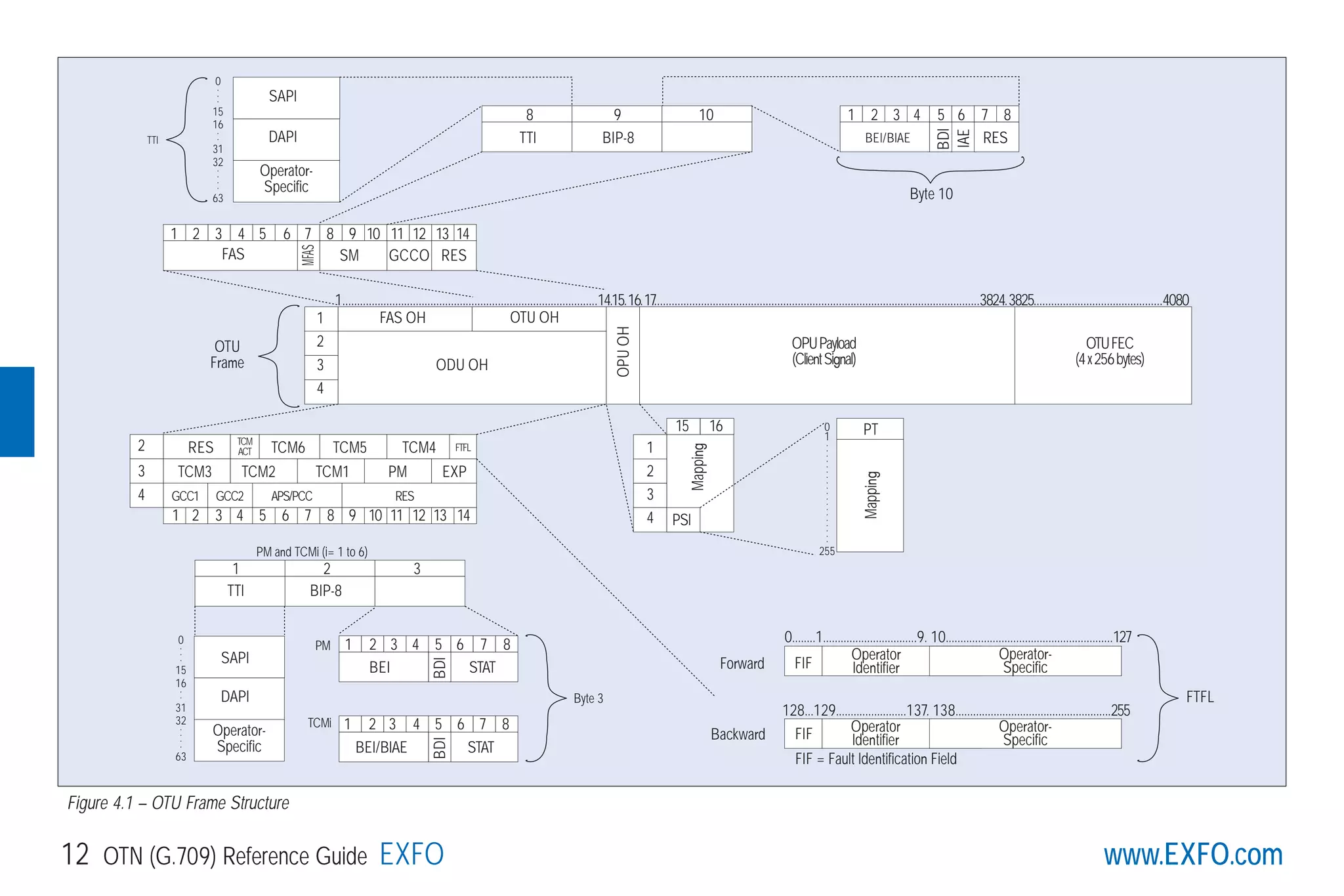 www.EXFO.com12 OTN (G.709) Reference Guide EXFO
SAPI
DAPI
Operator-
Specific
0...
15
16..
31
32....
63
SAPI
DAPI
Operator-
Specific
0..
.
15
16
..
31
32..
.
.
63
0
1
...................
255
TTI
8 9 10
TTI BIP-8
1 2 3 4 5 6 7 8
BEI/BIAE RES
BDI
IAE
1 2 3 4 5 6 7 8
BEI STAT
BDI
1 2 3 4 5 6 7 8
BEI/BIAE STAT
BDI
1 2 3 4 5 6 7 8 9 10 11 12 13 14
1 2 3 4 5 6 7 8 9 10 11 12 13 14
FAS
FAS OH OTU OH
GCCO
MFAS
SM RES
1
2
3
2
3
4
4
ODU OH
OPUOH
OTUFEC
(4x256bytes)
OPUPayload
(ClientSignal)
1 2 3
TTI BIP-8
Byte 10
1.......................................................................................14.15.16.17...............................................................................................................3824.3825............................................4080
OTU
Frame
RES TCM6 TCM5 TCM4
TCM3 TCM2 TCM1 PM EXP
GCC1
15 16
1
2
3
4 PSI
Mapping
PT
Mapping
GCC2 APS/PCC RES
TCM
ACT
Operator
IdentifierFIF
FTFL
PM and TCMi (i= 1 to 6)
PM
TCMi
Byte 3
Operator-
Specific
Operator
IdentifierFIF Operator-
Specific
0........1................................9. 10.........................................................127
128...129........................137. 138.....................................................255
Forward
Backward
FIF = Fault Identification Field
FTFL
Figure 4.1 – OTU Frame Structure
G709_1AN_final.qxd:Guide Ethernet.1AN 5/7/07 11:11 AM Page 12
 