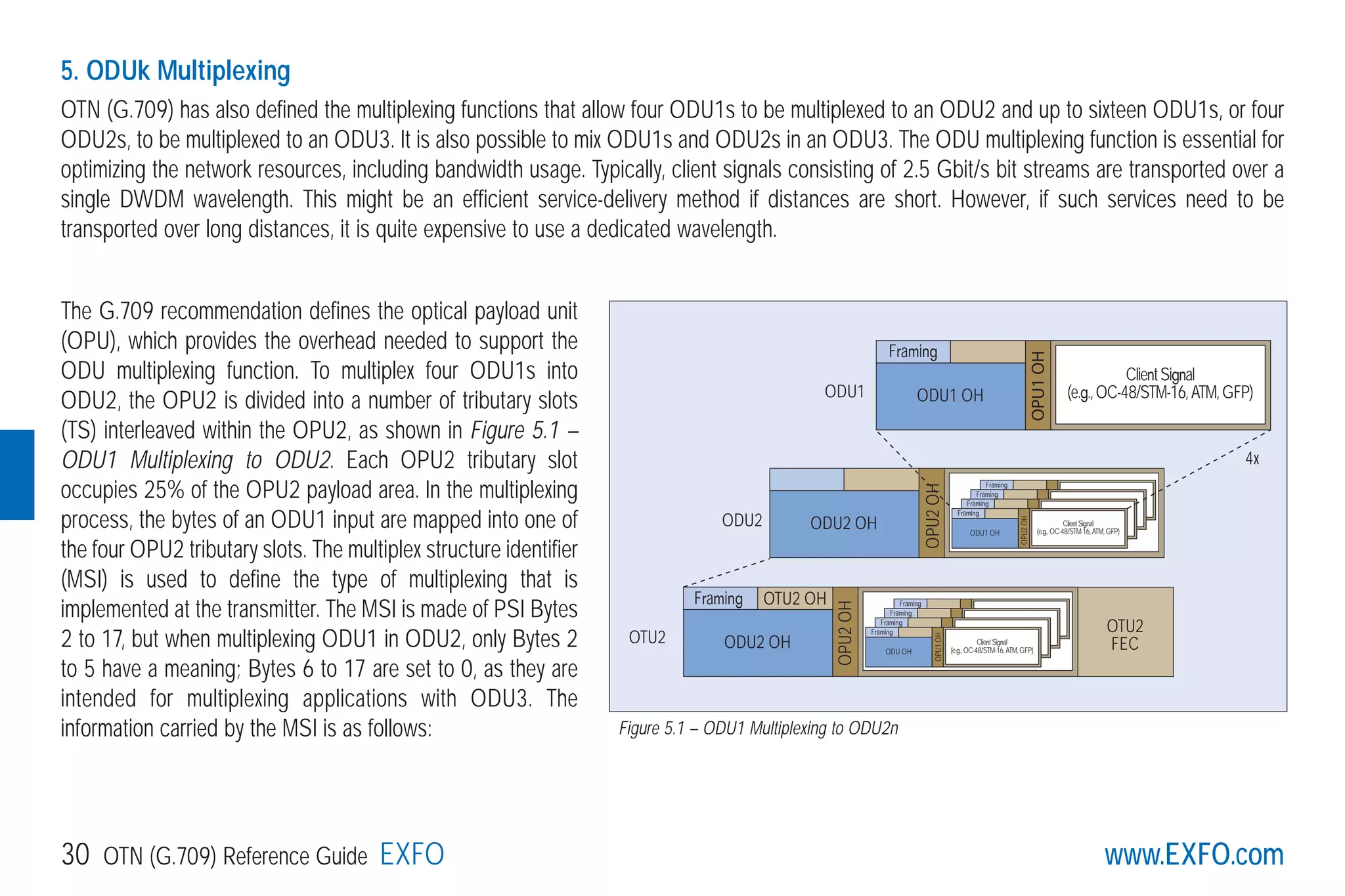 www.EXFO.com30 OTN (G.709) Reference Guide EXFO
5. ODUk Multiplexing
OTN (G.709) has also defined the multiplexing functions that allow four ODU1s to be multiplexed to an ODU2 and up to sixteen ODU1s, or four
ODU2s, to be multiplexed to an ODU3. It is also possible to mix ODU1s and ODU2s in an ODU3. The ODU multiplexing function is essential for
optimizing the network resources, including bandwidth usage. Typically, client signals consisting of 2.5 Gbit/s bit streams are transported over a
single DWDM wavelength. This might be an efficient service-delivery method if distances are short. However, if such services need to be
transported over long distances, it is quite expensive to use a dedicated wavelength.
The G.709 recommendation defines the optical payload unit
(OPU), which provides the overhead needed to support the
ODU multiplexing function. To multiplex four ODU1s into
ODU2, the OPU2 is divided into a number of tributary slots
(TS) interleaved within the OPU2, as shown in Figure 5.1 –
ODU1 Multiplexing to ODU2. Each OPU2 tributary slot
occupies 25% of the OPU2 payload area. In the multiplexing
process, the bytes of an ODU1 input are mapped into one of
the four OPU2 tributary slots. The multiplex structure identifier
(MSI) is used to define the type of multiplexing that is
implemented at the transmitter. The MSI is made of PSI Bytes
2 to 17, but when multiplexing ODU1 in ODU2, only Bytes 2
to 5 have a meaning; Bytes 6 to 17 are set to 0, as they are
intended for multiplexing applications with ODU3. The
information carried by the MSI is as follows: Figure 5.1 – ODU1 Multiplexing to ODU2n
Framing
ODU1 OH
ClientSignal
(e.g.,OC-48/STM-16,ATM,GFP)
ODU2 OH
Framing
ODU OH
Client layer signal
(e.g., STM-16, ATM, GFP)
Framing
ODU OH
Client layer signal
(e.g., STM-16, ATM, GFP)
Framing
ODU OH
Client layer signal
(e.g., STM-16, ATM, GFP)
Framing
ODU1 OH
ClientSignal
(e.g.,OC-48/STM-16,ATM,GFP)
ODU2 OH
Framing
ODU OH
Client layer signal
(e.g., STM-16, ATM, GFP)
Framing
ODU OH
Client layer signal
(e.g., STM-16, ATM, GFP)
Framing
ODU OH
Client layer signal
(e.g., STM-16, ATM, GFP)
Framing
ODU OH
ClientSignal
(e.g.,OC-48/STM-16,ATM,GFP)
Framing OTU2 OH
OTU2
FEC
4x
ODU1
ODU2
OTU2
OPU1OH
OPU2OH
OPU2OH
OPU2OH
OPU1OH
G709_1AN_final.qxd:Guide Ethernet.1AN 5/7/07 11:11 AM Page 30
 