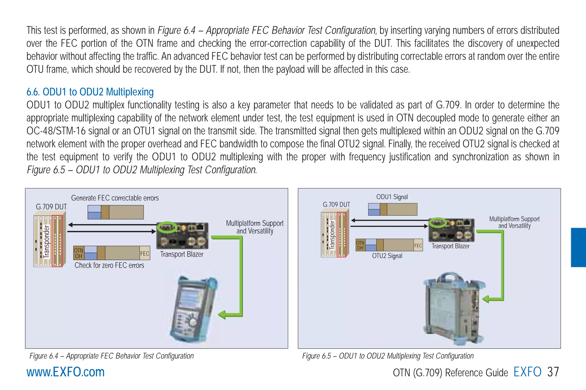 www.EXFO.com OTN (G.709) Reference Guide EXFO 37www.EXFO.com
This test is performed, as shown in Figure 6.4 – Appropriate FEC Behavior Test Configuration, by inserting varying numbers of errors distributed
over the FEC portion of the OTN frame and checking the error-correction capability of the DUT. This facilitates the discovery of unexpected
behavior without affecting the traffic. An advanced FEC behavior test can be performed by distributing correctable errors at random over the entire
OTU frame, which should be recovered by the DUT. If not, then the payload will be affected in this case.
6.6. ODU1 to ODU2 Multiplexing
ODU1 to ODU2 multiplex functionality testing is also a key parameter that needs to be validated as part of G.709. In order to determine the
appropriate multiplexing capability of the network element under test, the test equipment is used in OTN decoupled mode to generate either an
OC-48/STM-16 signal or an OTU1 signal on the transmit side. The transmitted signal then gets multiplexed within an ODU2 signal on the G.709
network element with the proper overhead and FEC bandwidth to compose the final OTU2 signal. Finally, the received OTU2 signal is checked at
the test equipment to verify the ODU1 to ODU2 multiplexing with the proper with frequency justification and synchronization as shown in
Figure 6.5 – ODU1 to ODU2 Multiplexing Test Configuration.
Figure 6.4 – Appropriate FEC Behavior Test Configuration
Transport Blazer
G.709 DUT
Transponder
OTN
OH FEC
Generate FEC correctable errors
Check for zero FEC errors
Multiplatform Support
and Versatility
Transport Blazer
G.709 DUT
Transponder
OTN
OH FEC
ODU1 Signal
OTU2 Signal
Multiplatform Support
and Versatility
Figure 6.5 – ODU1 to ODU2 Multiplexing Test Configuration
G709_1AN_final.qxd:Guide Ethernet.1AN 5/7/07 11:14 AM Page 37
 