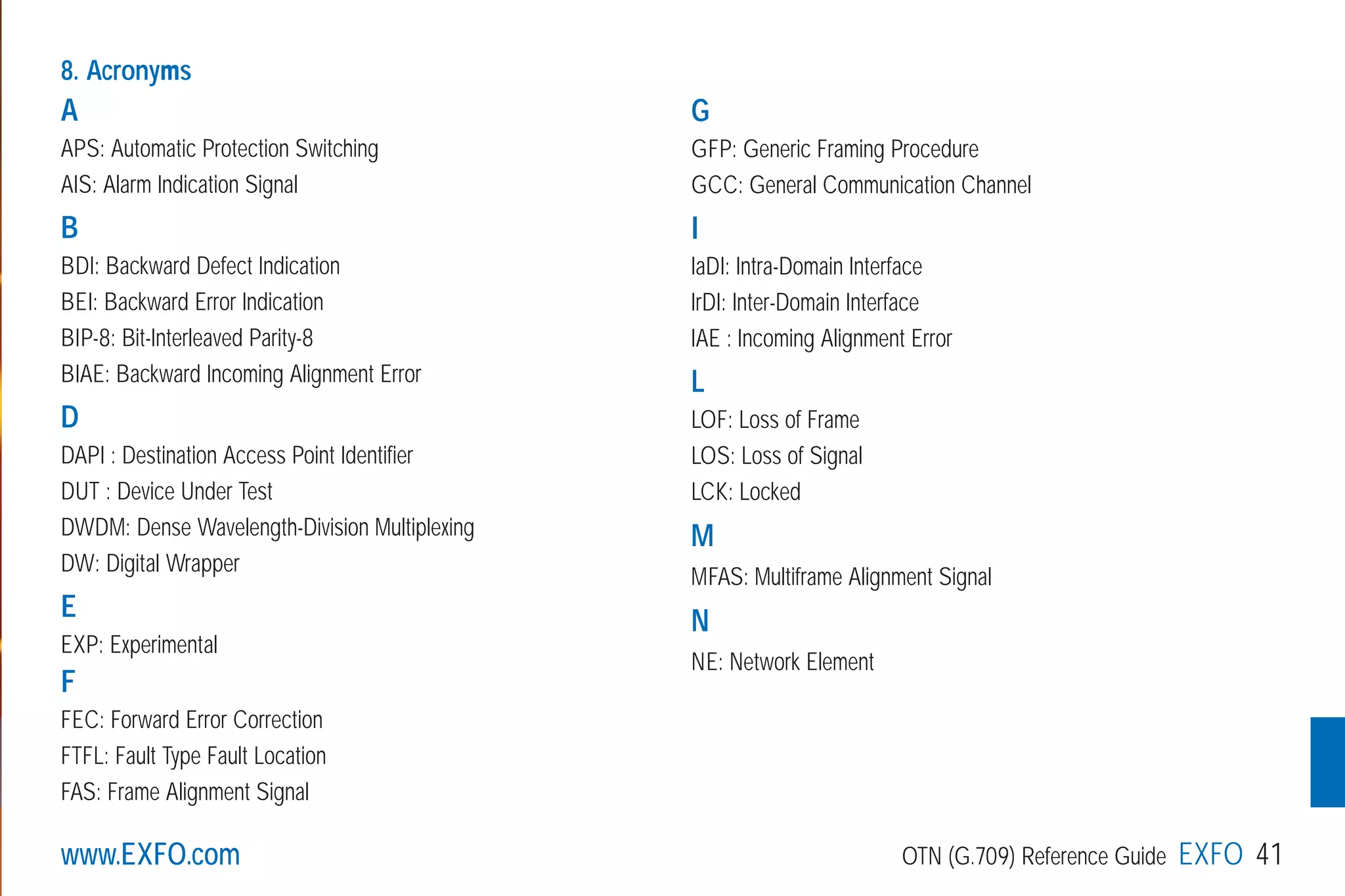 www.EXFO.com OTN (G.709) Reference Guide EXFO 41
8. Acronyms
A
APS: Automatic Protection Switching
AIS: Alarm Indication Signal
B
BDI: Backward Defect Indication
BEI: Backward Error Indication
BIP-8: Bit-Interleaved Parity-8
BIAE: Backward Incoming Alignment Error
D
DAPI : Destination Access Point Identifier
DUT : Device Under Test
DWDM: Dense Wavelength-Division Multiplexing
DW: Digital Wrapper
E
EXP: Experimental
F
FEC: Forward Error Correction
FTFL: Fault Type Fault Location
FAS: Frame Alignment Signal
G
GFP: Generic Framing Procedure
GCC: General Communication Channel
I
IaDI: Intra-Domain Interface
IrDI: Inter-Domain Interface
IAE : Incoming Alignment Error
L
LOF: Loss of Frame
LOS: Loss of Signal
LCK: Locked
M
MFAS: Multiframe Alignment Signal
N
NE: Network Element
G709_1AN_final.qxd:Guide Ethernet.1AN 5/7/07 11:14 AM Page 41
 