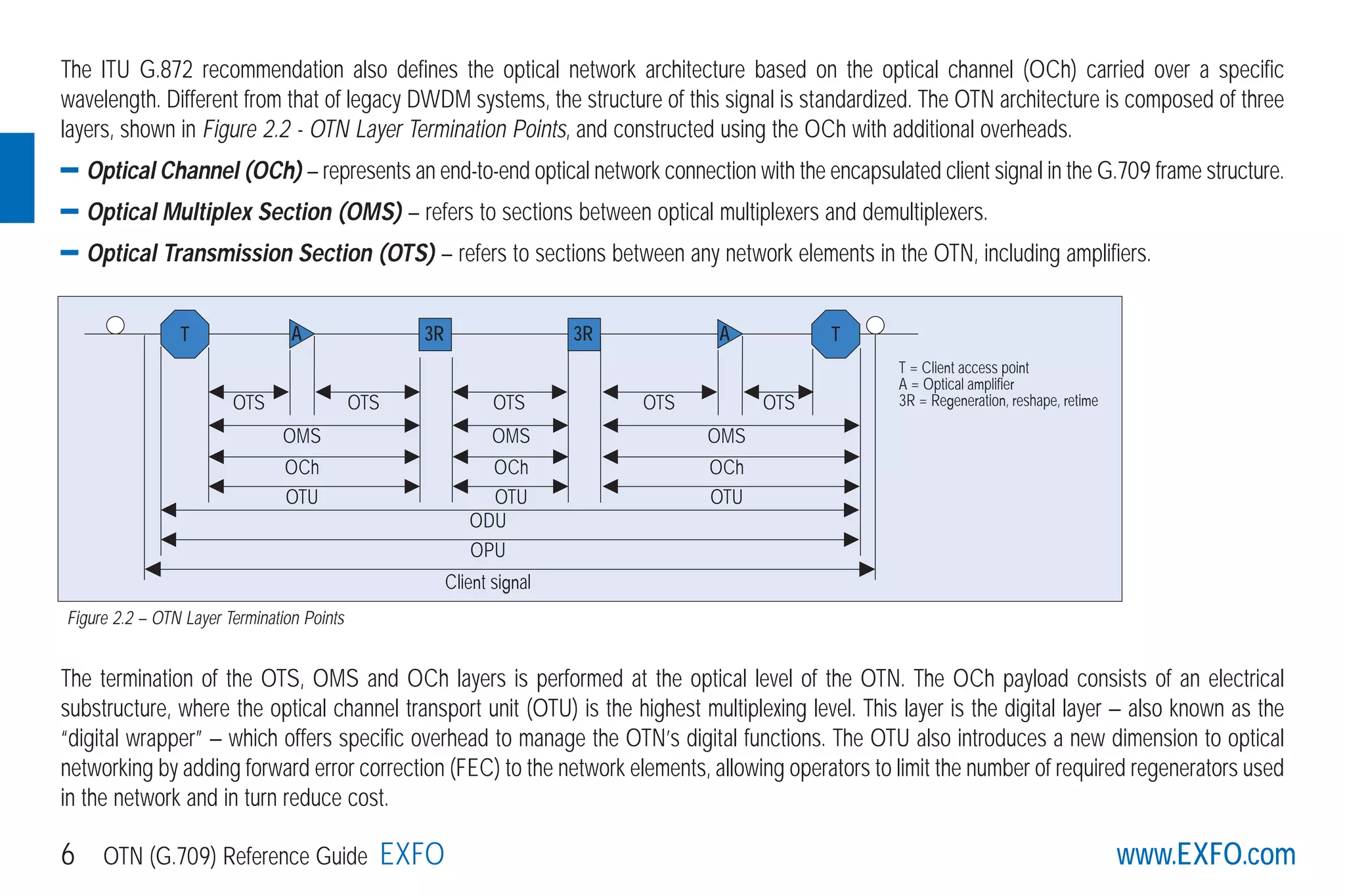 The ITU G.872 recommendation also defines the optical network architecture based on the optical channel (OCh) carried over a specific
wavelength. Different from that of legacy DWDM systems, the structure of this signal is standardized. The OTN architecture is composed of three
layers, shown in Figure 2.2 - OTN Layer Termination Points, and constructed using the OCh with additional overheads.
Optical Channel (OCh) – represents an end-to-end optical network connection with the encapsulated client signal in the G.709 frame structure.
Optical Multiplex Section (OMS) – refers to sections between optical multiplexers and demultiplexers.
Optical Transmission Section (OTS) – refers to sections between any network elements in the OTN, including amplifiers.
The termination of the OTS, OMS and OCh layers is performed at the optical level of the OTN. The OCh payload consists of an electrical
substructure, where the optical channel transport unit (OTU) is the highest multiplexing level. This layer is the digital layer — also known as the
“digital wrapper” — which offers specific overhead to manage the OTN’s digital functions. The OTU also introduces a new dimension to optical
networking by adding forward error correction (FEC) to the network elements, allowing operators to limit the number of required regenerators used
in the network and in turn reduce cost.
Client signal
OPU
ODU
OTU
OCh
OMS
OTS OTS
OTU
OCh
OMS
OTS
OTU
OCh
OMS
OTS OTS
T TA A3R 3R
T = Client access point
A = Optical amplifier
3R = Regeneration, reshape, retime
www.EXFO.com6 OTN (G.709) Reference Guide EXFO
Figure 2.2 – OTN Layer Termination Points
G709_1AN_final.qxd:Guide Ethernet.1AN 5/7/07 11:11 AM Page 6
 