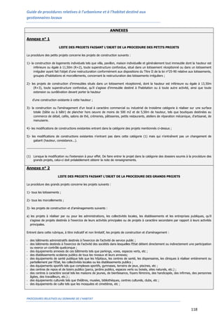 Guide de procédures relatives à l’urbanisme et à l’habitat destiné aux
gestionnaires locaux
PROCEDURES RELATIVES AU DOMAINE DE L’HABITAT
118
ANNEXES
Annexe n° 1
LISTE DES PROJETS FAISANT L'OBJET DE LA PROCEDURE DES PETITS PROJETS
La procédure des petits projets concerne les projets de construction suivants :
1)- la construction de logements individuels tels que villa, pavillon, maison individuelle et généralement tout immeuble dont la hauteur est
inférieure ou égale à 11,50m (R+2), toute superstructure confondue, situé dans un lotissement réceptionné ou dans un lotissement
irrégulier ayant fait l’objet d'une restructuration conformément aux dispositions du Titre II de la loi n°25-90 relative aux lotissements,
groupes d'habitations et morcellements, concernant la restructuration des lotissements irréguliers ;
2)- les projets de construction d'immeubles situés dans un lotissement réceptionné, dont la hauteur est inférieure ou égale à 13,50m
(R+3), toute superstructure confondue, qu'il s'agisse d'immeuble destiné à l'habitation ou à toute autre activité, ainsi que toute
extension ou surélévation devant porter la hauteur
d’une construction existante à cette hauteur ;
3)- la construction ou l'aménagement d'un local à caractère commercial ou industriel de troisième catégorie à réaliser sur une surface
totale (bâtie ou à bâtir) de plancher hors oeuvre de moins de 500 m2 et de 5,50m de hauteur, tels que boutiques destinées au
commerce de détail, cafés, salons de thé, crémeries, pâtisseries, petits restaurants, ateliers de réparation mécanique, d'artisanat, de
menuiserie.
4)- les modifications de constructions existantes entrant dans la catégorie des projets mentionnés ci-dessus ;
5)- les modifications de constructions existantes n'entrant pas dans cette catégorie (1) mais qui n'entraînent pas un changement de
gabarit (hauteur, consistance...).
------------------------------------
(1) Lorsque la modification ou l’extension à pour effet. De faire entrer le projet dans la catégorie des dossiers soumis à la procédure des
grands projets, celui-ci doit préalablement obtenir la note de renseignements.
Annexe n° 2
LISTE DES PROJETS FAISANT L'OBJET DE LA PROCEDURE DES GRANDS PROJETS
La procédure des grands projets concerne les projets suivants :
1)- tous les lotissements ;
2)- tous les morcellements ;
3)- les projets de construction et d'aménagements suivants :
a) les projets à réaliser par ou pour les administrations, les collectivités locales, les établissements et les entreprises publiques, qu'il
s'agisse de projets destinés à l'exercice de leurs activités principales ou de projets à caractère secondaire par rapport à leurs activités
principales.
Entrent dans cette rubrique, à titre indicatif et non limitatif, les projets de construction et d'aménagement :
- des bâtiments administratifs destinés à l'exercice de l'activité de service public ;
- des bâtiments destinés à l'exercice de l'activité des sociétés dans lesquelles l'Etat détient directement ou indirectement une participation
ou exerce un contrôle quelconque ;
- des équipements annexes de ces bâtiments tels que parkings, voies, espaces verts, etc ;
- des établissements scolaires publics de tous les niveaux et leurs annexes;
- des équipements de santé publique tels que les hôpitaux, les centres de santé, les dispensaires, les cliniques à réaliser entièrement ou
partiellement par l'Etat, les collectivités locales ou les établissements publics ;
- des équipements sportifs tels que complexes sportifs, gymnases, terrains de jeux, piscines, etc ;
- des centres de repos et de loisirs publics (parcs, jardins publics, espaces verts ou boisés, sites naturels, etc.) ;
- des centres à caractère social tels les maisons de jeunes, de bienfaisance, foyers féminins, des handicapés, des infirmes, des personnes
âgées, des travailleurs, etc.) ;
- des équipements culturels tels que théâtres, musées, bibliothèques, centres culturels, clubs, etc ;
- des équipements de culte tels que les mosquées et cimetières, etc ;
 