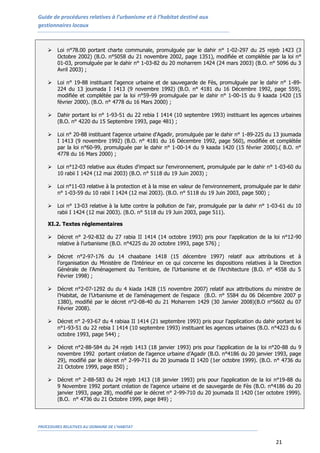 Guide de procédures relatives à l’urbanisme et à l’habitat destiné aux
gestionnaires locaux
PROCEDURES RELATIVES AU DOMAINE DE L’HABITAT
21
 Loi n°78.00 portant charte communale, promulguée par le dahir n° 1-02-297 du 25 rejeb 1423 (3
Octobre 2002) (B.O. n°5058 du 21 novembre 2002, page 1351), modifiée et complétée par la loi n°
01-03, promulguée par le dahir n° 1-03-82 du 20 moharrem 1424 (24 mars 2003) (B.O. n° 5096 du 3
Avril 2003) ;
 Loi n° 19-88 instituant l'agence urbaine et de sauvegarde de Fès, promulguée par le dahir n° 1-89-
224 du 13 joumada I 1413 (9 novembre 1992) (B.O. n° 4181 du 16 Décembre 1992, page 559),
modifiée et complétée par la loi n°59-99 promulguée par le dahir n° 1-00-15 du 9 kaada 1420 (15
février 2000). (B.O. n° 4778 du 16 Mars 2000) ;
 Dahir portant loi n° 1-93-51 du 22 rebia I 1414 (10 septembre 1993) instituant les agences urbaines
(B.O. n° 4220 du 15 Septembre 1993, page 481) ;
 Loi n° 20-88 instituant l'agence urbaine d'Agadir, promulguée par le dahir n° 1-89-225 du 13 joumada
I 1413 (9 novembre 1992) (B.O. n° 4181 du 16 Décembre 1992, page 560), modifiée et complétée
par la loi n°60-99, promulguée par le dahir n° 1-00-14 du 9 kaada 1420 (15 février 2000).( B.O. n°
4778 du 16 Mars 2000) ;
 Loi n°12-03 relative aux études d'impact sur l'environnement, promulguée par le dahir n° 1-03-60 du
10 rabii I 1424 (12 mai 2003) (B.O. n° 5118 du 19 Juin 2003) ;
 Loi n°11-03 relative à la protection et à la mise en valeur de l'environnement, promulguée par le dahir
n° 1-03-59 du 10 rabii I 1424 (12 mai 2003). (B.O. n° 5118 du 19 Juin 2003, page 500) ;
 Loi n° 13-03 relative à la lutte contre la pollution de l'air, promulguée par la dahir n° 1-03-61 du 10
rabii I 1424 (12 mai 2003). (B.O. n° 5118 du 19 Juin 2003, page 511).
XI.2. Textes réglementaires
 Décret n° 2-92-832 du 27 rabia II 1414 (14 octobre 1993) pris pour l’application de la loi n°12-90
relative à l’urbanisme (B.O. n°4225 du 20 octobre 1993, page 576) ;
 Décret n°2-97-176 du 14 chaabane 1418 (15 décembre 1997) relatif aux attributions et à
l’organisation du Ministère de l’Intérieur en ce qui concerne les dispositions relatives à la Direction
Générale de l’Aménagement du Territoire, de l’Urbanisme et de l’Architecture (B.O. n° 4558 du 5
Février 1998) ;
 Décret n°2-07-1292 du du 4 kiada 1428 (15 novembre 2007) relatif aux attributions du ministre de
l’Habitat, de l’Urbanisme et de l’aménagement de l’espace (B.O. n° 5584 du 06 Décembre 2007 p
1380), modifié par le décret n°2-08-40 du 21 Moharrem 1429 (30 Janvier 2008)(B.O n°5602 du 07
Février 2008).
 Décret n° 2-93-67 du 4 rabiaa II 1414 (21 septembre 1993) pris pour l’application du dahir portant loi
n°1-93-51 du 22 rebia I 1414 (10 septembre 1993) instituant les agences urbaines (B.O. n°4223 du 6
octobre 1993, page 544) ;
 Décret n°2-88-584 du 24 rejeb 1413 (18 janvier 1993) pris pour l’application de la loi n°20-88 du 9
novembre 1992 portant création de l’agence urbaine d’Agadir (B.O. n°4186 du 20 janvier 1993, page
29), modifié par le décret n° 2-99-711 du 20 joumada II 1420 (1er octobre 1999). (B.O. n° 4736 du
21 Octobre 1999, page 850) ;
 Décret n° 2-88-583 du 24 rejeb 1413 (18 janvier 1993) pris pour l’application de la loi n°19-88 du
9 Novembre 1992 portant création de l’agence urbaine et de sauvegarde de Fès (B.O. n°4186 du 20
janvier 1993, page 28), modifié par le décret n° 2-99-710 du 20 joumada II 1420 (1er octobre 1999).
(B.O. n° 4736 du 21 Octobre 1999, page 849) ;
 