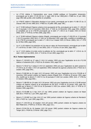 Guide de procédures relatives à l’urbanisme et à l’habitat destiné aux
gestionnaires locaux
PROCEDURES RELATIVES AU DOMAINE DE L’HABITAT
44
 Loi n°7-81 relative à l’expropriation pour cause d’utilité publique et l’occupation temporaire,
promulguée par le dahir n°1-81-254 du 11 rejeb 1402 (6 mai 1982),(B.O. n°3685 du 15 juin 1983,
page 390) telle qu’elle a été modifiée et complétée;
 Loi n°06-87 relative à l’éducation physique et aux sports, promulguée par le dahir n°1-88-172 du 13
chaoual 1409 (19 mai 1989) (B.O. n°4003 du 19 juillet 1989, page 198) ;
 Loi n° 19-88 instituant l'Agence urbaine et de sauvegarde de Fès, promulguée par le dahir n° 1-89-224
du 13 joumada I 1413 (9 novembre 1992) (B.O. n° 4181 du 16 Décembre 1992, page 559), modifiée
et complétée par la loi n°59-99 promulguée par le dahir n° 1-00-15 du 9 kaada 1420 (15 février
2000). (B.O. n° 4778 du 16 Mars 2000, page 365) ;
 Loi n° 20-88 instituant l'Agence urbaine d'Agadir, promulguée par le dahir n°1-89-225 du 13 joumada
I 1413 (9 novembre 1992) (B.O. n° 4181 du 16 Décembre 1992, page 560), modifiée et complétée par
la loi n°60-99 promulguée par le dahir n° 1-00-14 du 9 kaada 1420 (15 février 2000).( B.O. n° 4778
du 16 Mars 2000, page 364);
 Loi n° 11-03 relative à la protection et à la mise en valeur de l'environnement, promulguée par le dahir
n° 1-03-59 du 10 rabii I 1424 (12 mai 2003). (B.O. n° 5118 du 19 Juin 2003, page 500) ;
 Loi n° 13-03 relative à la lutte contre la pollution de l'air, promulguée par la dahir n° 1-03-61 du 10
rabii I 1424 (12 mai 2003). (B.O. n° 5118 du 19 Juin 2003, page 511).
XI.2. Textes réglementaires
 Décret n° 2-92-832 du 27 rabia II 1414 (14 octobre 1993) pris pour l’application de la loi n°12-90
relative à l’urbanisme (B.O. n°4225 du 20 octobre 1993, page 576) ;
 Décret n° 2-93-67 du 4 rabiaa II 1414 (21 septembre 1993) pris pour l’application du dahir portant loi
n°1-93-51 du 22 rebia I 1414 (10 septembre 1993) instituant les agences urbaines (B.O. n°4223 du 6
octobre 1993, page 544) ;
 Décret n°2-88-584 du 24 rejeb 1413 (18 janvier 1993) pris pour l’application de la loi n°20-88 du 9
novembre 1992 portant création de l’agence urbaine d’Agadir (B.O. n°4186 du 20 janvier 1993, page
29), modifié par le décret n° 2-99-711 du 20 joumada II 1420 (1er octobre 1999). (B.O. n° 4736 du
21 Octobre 1999, page 850) ;
 Décret n° 2-88-583 du 24 rejeb 1413 (18 janvier 1993) pris pour l’application de la loi n°19-88 portant
création de l’agence urbaine et de sauvegarde de Fès (B.O. n°4186 du 20 janvier 1993, page 28),
modifié par le décret n° 2-99-710 du 20 joumada II 1420 (1er octobre 1999). (B.O. n° 4736 du 21
Octobre 1999, page 849) ;
 Décret n°2-93-888 du 6 hija 1414 (17 mai 1994) portant création de l’agence urbaine de Rabat
Salé (B.O. n°4254 du 1 juin 1994, page 264) ;
 Décret n° 2-93-887 du 6 hija 1414 (17 mai 1994) portant création de l’agence urbaine de Marrakech
(B.O. n°4257 du 1 juin 1994, page 264) ;
Décret n° 2-94-335 du 18 chaaban 1415 (20 janvier 1995) portant création de l’agence urbaine de
Béni Mellal (B.O. n°4294 du 15 février 1995, page 131) ;
 Décret n°2-94-334 du 18 chaaban 1415 (20 janvier 1995) portant création de l’agence urbaine de
Tanger (B.O. n°4294 du 15 février 1995, page 131) ;
 