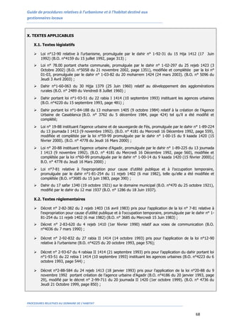 Guide de procédures relatives à l’urbanisme et à l’habitat destiné aux
gestionnaires locaux
PROCEDURES RELATIVES AU DOMAINE DE L’HABITAT
68
X. TEXTES APPLICABLES
X.1. Textes législatifs
 Loi n°12-90 relative à l’urbanisme, promulguée par le dahir n° 1-92-31 du 15 Hija 1412 (17 Juin
1992) (B.O. n°4159 du 15 juillet 1992, page 313) ;
 Loi n° 78.00 portant charte communale, promulguée par le dahir n° 1-02-297 du 25 rejeb 1423 (3
Octobre 2002) (B.O. n°5058 du 21 novembre 2002, page 1351), modifiée et complétée par la loi n°
01-03, promulguée par le dahir n° 1-03-82 du 20 moharrem 1424 (24 mars 2003). (B.O. n° 5096 du
Jeudi 3 Avril 2003) ;
 Dahir n°1-60-063 du 30 Hijja 1379 (25 Juin 1960) relatif au développement des agglomérations
rurales (B.O. n° 2489 du Vendredi 8 Juillet 1960) ;
 Dahir portant loi n°1-93-51 du 22 rabia I 1414 (10 septembre 1993) instituant les agences urbaines
(B.O. n°4220 du 15 septembre 1993, page 481) ;
 Dahir portant loi n°1-84-188 du 13 moharrem 1405 (9 octobre 1984) relatif à la création de l’Agence
Urbaine de Casablanca (B.O. n° 3762 du 5 décembre 1984, page 424) tel qu’il a été modifié et
complété;
 Loi n° 19-88 instituant l'agence urbaine et de sauvegarde de Fès, promulguée par le dahir n° 1-89-224
du 13 joumada I 1413 (9 novembre 1992). (B.O. n° 4181 du Mercredi 16 Décembre 1992, page 559),
modifiée et complétée par la loi n°59-99 promulguée par le dahir n° 1-00-15 du 9 kaada 1420 (15
février 2000). (B.O. n° 4778 du Jeudi 16 Mars 2000) ;
 Loi n° 20-88 instituant l'agence urbaine d'Agadir, promulguée par le dahir n° 1-89-225 du 13 joumada
I 1413 (9 novembre 1992). (B.O. n° 4181 du Mercredi 16 Décembre 1992, page 560), modifiée et
complétée par la loi n°60-99 promulguée par le dahir n° 1-00-14 du 9 kaada 1420 (15 février 2000).(
B.O. n° 4778 du Jeudi 16 Mars 2000) ;
 Loi n°7-81 relative à l’expropriation pour cause d’utilité publique et à l’occupation temporaire,
promulguée par le dahir n°1-81-254 du 11 rejeb 1402 (6 mai 1982), telle qu’elle a été modifiée et
complétée (B.O. n°3685 du 15 juin 1983, page 390) ;
 Dahir du 17 safar 1340 (19 octobre 1921) sur le domaine municipal (B.O. n°470 du 25 octobre 1921),
modifié par le dahir du 12 mai 1937 (B.O. n° 1286 du 18 Juin 1937).
X.2. Textes réglementaires
 Décret n° 2-82-382 du 2 rejeb 1403 (16 avril 1983) pris pour l'application de la loi n° 7-81 relative à
l'expropriation pour cause d'utilité publique et à l'occupation temporaire, promulguée par le dahir n° 1-
81-254 du 11 rejeb 1402 (6 mai 1982) (B.O. n° 3685 du Mercredi 15 Juin 1983) ;
 Décret n° 2-83-620 du 4 rejeb 1410 (1er février 1990) relatif aux voies de communication (B.O.
n°4036 du 7 mars 1990) ;
 Décret n° 2-92-832 du 27 rabia II 1414 (14 octobre 1993) pris pour l’application de la loi n°12-90
relative à l’urbanisme (B.O. n°4225 du 20 octobre 1993, page 576);
 Décret n° 2-93-67 du 4 rabiaa II 1414 (21 septembre 1993) pris pour l’application du dahir portant loi
n°1-93-51 du 22 rebia I 1414 (10 septembre 1993) instituant les agences urbaines (B.O. n°4223 du 6
octobre 1993, page 544) ;
 Décret n°2-88-584 du 24 rejeb 1413 (18 janvier 1993) pris pour l’application de la loi n°20-88 du 9
novembre 1992 portant création de l’agence urbaine d’Agadir (B.O. n°4186 du 20 janvier 1993, page
29), modifié par le décret n° 2-99-711 du 20 joumada II 1420 (1er octobre 1999). (B.O. n° 4736 du
Jeudi 21 Octobre 1999, page 850) ;
 