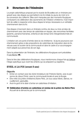 Guide pastoral pour la célébration des étapes liturgiques 9
2-	 Structure de l’itinéraire
Le projet catéchétique proposé par le vicariat de Bruxelles est un itinéraire pro-
gressif avec des étapes qui permettent à la foi initiale du jeune de mûrir et à
sa conversion de s’affermir. Elles sont marquées par des moments liturgiques
conduisant à la célébration des sacrements de l’initiation chrétienne. Il est impor-
tant de veiller à respecter entre deux étapes le temps nécessaire à un véritable
cheminement dans la foi.
Ces étapes s’inscrivent dans un itinéraire continu de deux ou trois années de
cheminement avec des temps de catéchèse en équipe, des rencontres familiales
(parents, parrains/marraines, enfants) et des temps forts intergénérationnels en
communauté.
L’initiation est une porte d’entrée dans la vie chrétienne : le jeune poursuivra son
cheminement grâce à des propositions de catéchèse de maturation dans la foi,
vécues avec le soutien de la communauté et dans le cadre d’un accompagne-
ment adapté aux personnes de son âge.
Dans la présentation de l’itinéraire, les célébrations liturgiques sont précédées
d’une flèche ().
Dans le titre des célébrations liturgiques, nous mentionnons chaque fois en italique
l’étape spécifique que vivent les enfants qui se préparent au baptême.
EVEIL A LA FOI (avant 8 ans)
Objectifs
§§ Entrer en contact avec les récits fondateurs de l’Histoire Sainte, avec la per-
sonne de Jésus Christ, avec la communauté locale et avec la liturgie.
§§ Etre initié à la prière chrétienne (Notre Père, Je vous salue Marie, silence, re-
cueillement, gestuelle).
§§ Avoir le goût et le désir d’entrer en catéchèse d’initiation.
ÄÄ Célébration d’entrée en catéchèse et remise de la prière du Notre Père
Accueil de la démarche par la communauté
 