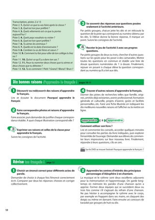18
Transcription, pistes 2 à 13
Piste 2. 1. Qu’est-ce que tu vas faire après la classe ?
Piste 3. 2. Quel est ton jour préféré ?
Piste 4. 3. Quels vêtements est-ce que tu portes
aujourd’hui ?
Piste 5. 4. Quels pays voudrais-tu visiter ?
Piste 6. 5. Quel est ton sport préféré ?
Piste 7. 6. Tu aimes les animaux ?
Piste 8. 7. Quelle est ta date d’anniversaire ?
Piste 9. 8. Combien tu as de frères et sœurs ?
Piste 10. 9. Commenttufaispourallerdetoncollègeàchez
toi ?
Piste 11. 10. Qu’est-ce qu’il y a dans ton sac ?
Piste 12. 11. Peux-tu nommer deux choses que tu aimes et
deux choses que tu détestes ?
Piste 13. 12. Tu es comment ? Petit ? Grand ? Blond ? Brun ?
Se souvenir des réponses aux questions posées
oralement à l’activité antérieure.
Par petits groupes, chacun jette les dés et on réécoute la
question de la piste qui correspond au numéro obtenu par
les dés. Si l’élève donne la bonne réponse, il marque un
point. Suivre les consignes de l’activité.
Recréer le jeu de l’activité 3 avec ses propres
questions.
Par petits groupes de deux ou trois, chercher d’autres ques-
tions sur les goûts pour les poser à des camarades. Mettre
toutes les questions en commun et établir une liste de
douze questions numérotées de 1 à douze. Finalement,
rejouer en posant à chaque élève la question correspon-
dant au numéro qu’il a tiré aux dés.
3
3
4
4
Révise
Révise ton français !
ton français ! page 12
Choisir un énoncé correct pour différents actes de
parole.
Demander de choisir à chaque fois l’énoncé correctement
écrit. Comparer par deux les réponses choisies et corriger
collectivement.
Apprendre les centres d’intérêts des principaux
personnages d’Adosphère 2 en chantant.
La musique et le rythme sont deux excellents adjuvants
pour la mémorisation et l’apprentissage. On garde long-
temps en mémoire les paroles d’une chanson qu’on a
apprise. Former deux équipes qui se succèdent deux ou
trois fois comme s’il s’agissait du refrain d’une chanson.
Ne pas hésiter à accompagner le rythme avec le corps,
par exemple en frappant dans ses mains, en claquant des
doigts ou même en dansant. Faire ensuite un concours de
karaoké par groupes de huit ou dix.
1
1 2
2
Dix bonnes raisons
Dix bonnes raisons d’apprendre le français !
d’apprendre le français ! pages 10-11
Découvrir ou redécouvrir des raisons d’apprendre
le français.
Lire et écouter le document Pourquoi apprendre le
français.
Faire correspondre photos et raisons d’apprendre
le français.
Faire associer, puis demander de justifierchaquecorrespon-
dance établie. À quoi chaque illustration correspond-elle ?
Exprimer ses raisons et celles de la classe pour
apprendre le français.
Suivre les consignes de l’activité.
Trouver d’autres raisons d’apprendre le français.
Donner des pistes de recherches telles que famille, origi-
nes, amitiés déjà existantes, avenir professionnel, formation
générale et culturelle, projets d’avenir, goûts et facilités
personnelles, etc. Faire une fiche illustrée en indiquant les
dix meilleures nouvelles raisons et l’afficher ou la mettre en
ligne.
apprendre
apprendre à
à apprendre
apprendre
Comment utiliser son livre ?
Lire et commenter les conseils, accorder quelques minutes
pour consulter les parties du livre indiquées, puis explorer
l’ensemble de l’ouvrage. Demander aux élèves de commen-
ter leurs impressions sur leur nouveau livre. Finalement,
répondre à leurs questions, s’ils en ont.
1
1
2
2
3
3
4
4
Sur le DVD se trouve l’extrait Pourquoi apprendre le français ?
 