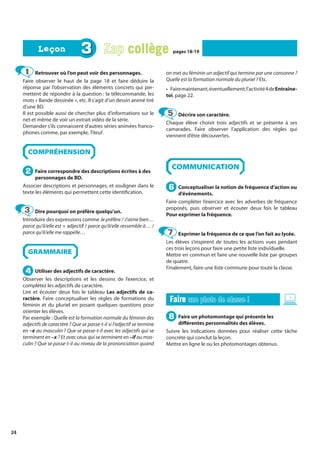 24
Retrouver où l’on peut voir des personnages.
Faire observer le haut de la page 18 et faire déduire la
réponse par l’observation des éléments concrets qui per-
mettent de répondre à la question : la télécommande, les
mots « Bande dessinée », etc. Il s’agit d’un dessin animé tiré
d’une BD.
Il est possible aussi de chercher plus d’informations sur le
net et même de voir un extrait vidéo de la série.
Demander s’ils connaissent d’autres séries animées franco-
phones comme, par exemple, Titeuf.
COMPRÉHENSION
Faire correspondre des descriptions écrites à des
personnages de BD.
Associer descriptions et personnages, et souligner dans le
texte les éléments qui permettent cette identification.
Dire pourquoi on préfère quelqu’un.
Introduire des expressions comme Je préfère / J’aime bien…
parce qu’il/elle est + adjectif / parce qu’il/elle ressemble à… /
parce qu’il/elle me rappelle…
GRAMMAIRE
Utiliser des adjectifs de caractère.
Observer les descriptions et les dessins de l’exercice, et
complétez les adjectifs de caractère.
Lire et écouter deux fois le tableau Les adjectifs de ca-
ractère. Faire conceptualiser les règles de formations du
féminin et du pluriel en posant quelques questions pour
orienter les élèves.
Par exemple : Quelle est la formation normale du féminin des
adjectifs de caractère ? Que se passe-t-il si l’adjectif se termine
en –e au masculin ? Que se passe-t-il avec les adjectifs qui se
terminent en –x ? Et avec ceux qui se terminent en –if au mas-
culin ? Que se passe-t-il au niveau de la prononciation quand
on met au féminin un adjectif qui termine par une consonne ?
Quelle est la formation normale du pluriel ? Etc.
• Fairemaintenant,éventuellement,l’activité4deEntraîne-
toi, page 22.
Décrire son caractère.
Chaque élève choisit trois adjectifs et se présente à ses
camarades. Faire observer l’application des règles qui
viennent d’être découvertes.
COMMUNICATION
Conceptualiser la notion de fréquence d’action ou
d’événements.
Faire compléter l’exercice avec les adverbes de fréquence
proposés, puis observer et écouter deux fois le tableau
Pour exprimer la fréquence.
Exprimer la fréquence de ce que l’on fait au lycée.
Les élèves s’inspirent de toutes les actions vues pendant
ces trois leçons pour faire une petite liste individuelle.
Mettre en commun et faire une nouvelle liste par groupes
de quatre.
Finalement, faire une liste commune pour toute la classe.
Faire
Faire une photo de classe !
une photo de classe !
Faire un photomontage qui présente les
différentes personnalités des élèves.
Suivre les indications données pour réaliser cette tâche
concrète qui conclut la leçon.
Mettre en ligne le ou les photomontages obtenus.
1
1
2
2
3
3
4
4
5
5
6
6
7
7
8
8
3 Zap collège
collège pages 18-19
pages 18-19
Leçon
Leçon
 