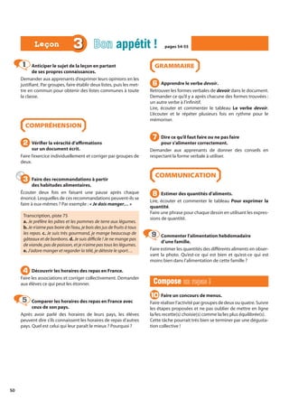 50
3 Bon appétit !
appétit ! pages 54-55
pages 54-55
Leçon
Leçon
Anticiper le sujet de la leçon en partant
de ses propres connaissances.
Demander aux apprenants d’exprimer leurs opinions en les
justifiant. Par groupes, faire établir deux listes, puis les met-
tre en commun pour obtenir des listes communes à toute
la classe.
COMPRÉHENSION
Vérifier la véracité d’affirmations
sur un document écrit.
Faire l’exercice individuellement et corriger par groupes de
deux.
Faire des recommandations à partir
des habitudes alimentaires.
Écouter deux fois en faisant une pause après chaque
énoncé. Lesquelles de ces recommandations peuvent-ils se
faire à eux-mêmes ? Par exemple : « Je dois manger… »
Transcription, piste 75
a. Je préfère les pâtes et les pommes de terre aux légumes.
b. Je n’aime pas boire de l’eau, je bois des jus de fruits à tous
les repas. c. Je suis très gourmand, je mange beaucoup de
gâteaux et de bonbons. d. Je suis difficile ! Je ne mange pas
de viande, pas de poisson, et je n’aime pas tous les légumes.
e. J’adore manger et regarder la télé, je déteste le sport…
Découvrir les horaires des repas en France.
Faire les associations et corriger collectivement. Demander
aux élèves ce qui peut les étonner.
Comparer les horaires des repas en France avec
ceux de son pays.
Après avoir parlé des horaires de leurs pays, les élèves
peuvent dire s’ils connaissent les horaires de repas d’autres
pays. Quel est celui qui leur paraît le mieux ? Pourquoi ?
GRAMMAIRE
Apprendre le verbe devoir.
Retrouver les formes verbales de devoir dans le document.
Demander ce qu’il y a après chacune des formes trouvées :
un autre verbe à l’infinitif.
Lire, écouter et commenter le tableau Le verbe devoir.
L’écouter et le répéter plusieurs fois en rythme pour le
mémoriser.
Dire ce qu’il faut faire ou ne pas faire
pour s’alimenter correctement.
Demander aux apprenants de donner des conseils en
respectant la forme verbale à utiliser.
COMMUNICATION
Estimer des quantités d’aliments.
Lire, écouter et commenter le tableau Pour exprimer la
quantité.
Faire une phrase pour chaque dessin en utilisant les expres-
sions de quantité.
Commenter l’alimentation hebdomadaire
d’une famille.
Faire estimer les quantités des différents aliments en obser-
vant la photo. Qu’est-ce qui est bien et qu’est-ce qui est
moins bien dans l’alimentation de cette famille ?
Compose
Compose un repas !
un repas !
Faire un concours de menus.
Faire réaliser l’activité par groupes de deux ou quatre. Suivre
les étapes proposées et ne pas oublier de mettre en ligne
la/les recette(s) choisie(s) comme la/les plus équilibrée(s).
Cette tâche pourrait très bien se terminer par une dégusta-
tion collective !
1
1
2
2
3
3
4
4
5
5
6
6
7
7
8
8
9
9
10
10
 