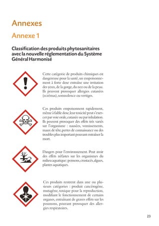 Annexes
Annexe 1
Classification des produits phytosanitaires
avec la nouvelle réglementation du Système
Général Harmonisé
Cette catégorie de produits chimiques est
dangereuse pour la santé, un empoisonnement à forte dose entraîne une irritation
des yeux, de la gorge, du nez ou de la peau.
Ils peuvent provoquer allergies cutanées
(eczémas), somnolence ou vertiges.
Ces produits empoisonnent rapidement,
même à faible dose, leur toxicité peut s’exercer par voie orale, cutanée ou par inhalation.
Ils peuvent provoquer des effets très variés
sur l’organisme : nausées, vomissements,
maux de tête, pertes de connaissance ou des
troubles plus important pouvant entraîner la
mort.
Dangers pour l’environnement. Peut avoir
des effets néfastes sur les organismes du
milieu aquatique : poissons, crustacés, algues,
plantes aquatiques.

Ces produits rentrent dans une ou plusieurs catégories : produit cancérogène,
mutagène, toxique pour la reproduction,
modifiant le fonctionnement de certains
organes, entraînant de graves effets sur les
poumons, pouvant provoquer des allergies respiratoires.
23

 