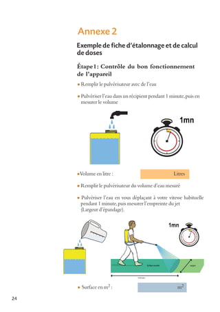 Annexe 2
Exemple de fiche d'étalonnage et de calcul
de doses
Étape1: Contrôle du bon fonctionnement
de l’appareil
l Remplir le pulvérisateur avec de l’eau
l Pulvériser l’eau dans un récipient pendant 1 minute, puis en

mesurer le volume

lVolume en litre :

Litres

l Remplir le pulvérisateur du volume d’eau mesuré
l

l

24

Pulvériser l’eau en vous déplaçant à votre vitesse habituelle
pendant 1 minute, puis mesurer l’empreinte du jet
(Largeur d’épandage).

Surface en m2 :

m2

 