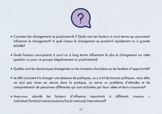 Comment les changements se produisent-ils ? Quels sont les facteurs à court terme qui pourraient
inﬂuencer le changement? A quel niveau le changement se produit-il rapidement ou à grande
échelle?
Quels facteurs sous-jacents à court ou à long terme inﬂuencent le plus le changement sur cette
question ou pour ce groupe (négativement ou positivement)
Quelles sont les dynamiques émergentes ou les moments charnières ou les fenêtres d’opportunité?
Le déﬁ consiste-t-il à changer une absence de politiques, ou y a-t-il de bonnes politiques, mais elles
ne sont pas mises en œuvre dans la pratique, ou est-ce un problème d’attitudes et de
comportements de personnes différentes qui sont éclairées par leurs idées et leurs croyances?
Avez-vous abordé les facteurs d’inﬂuence importants à différents niveaux –
individuel/familial/communautaire/local/national/international?
17
 