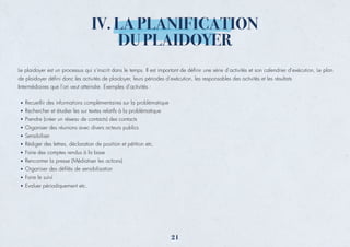 IV. LA PLANIFICATION
DU PLAIDOYER
Le plaidoyer est un processus qui s’inscrit dans le temps. Il est important de déﬁnir une série d’activités et son calendrier d’exécution. Le plan
de plaidoyer déﬁni donc les activités de plaidoyer, leurs périodes d’exécution, les responsables des activités et les résultats
Intermédiaires que l’on veut atteindre. Exemples d’activités :
Recueillir des informations complémentaires sur la problématique
Rechercher et étudier les sur textes relatifs à la problématique
Prendre (créer un réseau de contacts) des contacts
Organiser des réunions avec divers acteurs publics
Sensibiliser
Rédiger des lettres, déclaration de position et pétition etc.
Faire des comptes rendus à la base
Rencontrer la presse (Médiatiser les actions)
Organiser des déﬁlés de sensibilisation
Faire le suivi
Evaluer périodiquement etc.
21
 