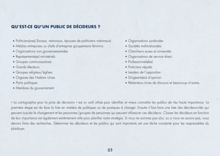 QU’EST-CE QU’UN PUBLIC DE DÉCIDEURS ?
Politiciens(nes) (locaux, nationaux, épouses de politiciens nationaux)
Médias entreprises ou chefs d’entreprise groupements féminins
Organisations non gouvernementales
Représentants(es) ministériels
Groupes communautaires
Grands électeurs
Groupes religieux/églises
Organes des Nations Unies
Partis politiques
Membres du gouvernement
« La cartographie pour la prise de décisions » est un outil utilisé pour identiﬁer et mieux connaître les publics de très haute importance. La
première étape est de faire la liste en matière de politiques ou de pratiques à changer. Ensuite il faut faire une liste des décideurs-clés qui
peuvent susciter le changement et les personnes/groupes de personnes qui peuvent inﬂuencer ces décideurs. Classer les décideurs en fonction
de leur importance est également extrêmement utile pour planiﬁer notre stratégie. Si nous ne sommes pas sûrs, ou si nous ne savons pas, nous
devons faire des recherches. Déterminer les décideurs et les publics qui sont importants est une tâche constante pour les responsables du
plaidoyer.
Organisations syndicales
Sociétés multinationales
Chercheurs.euses et universités
Organisations de service direct
Professionnels(les)
Praticiens réputés
Leaders de l’opposition
Dirigeants(es) d’opinion
Rédacteurs.trices de discours et beaucoup d’autres.
23
 