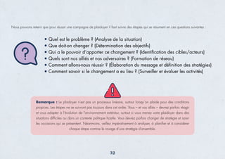 Nous pouvons retenir que pour réussir une campagne de plaidoyer il faut suivre des étapes qui se résument en ces questions suivantes :
Remarque : Le plaidoyer n’est pas un processus linéaire, surtout lorsqu’on plaide pour des conditions
propices. Les étapes ne se suivront pas toujours dans cet ordre. Vous – et vos alliés – devrez parfois réagir
et vous adapter à l’évolution de l’environnement extérieur, surtout si vous menez votre plaidoyer dans des
situations difﬁciles ou dans un contexte politique hostile. Vous devrez parfois changer de stratégie et saisir
les occasions qui se présentent. Néanmoins, veillez impérativement à analyser, à planiﬁer et à considérer
chaque étape comme le rouage d’une stratégie d’ensemble.
Quel est le problème ? (Analyse de la situation)
Que doit-on changer ? (Détermination des objectifs)
Qui a le pouvoir d’apporter ce changement ? (Identiﬁcation des cibles/acteurs)
Quels sont nos alliés et nos adversaires ? (Formation de réseau)
Comment allons-nous réussir ? (Élaboration du message et déﬁnition des stratégies)
Comment savoir si le changement a eu lieu ? (Surveiller et évaluer les activités)
32
 