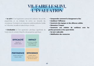 Le suivi : C’est l’appréciation continue de la réalisation des activités
programmées en vue d’adapter les actions aux nécessités des
circonstances. Il consiste en une comparaison prédictive-réalisation fondée
sur l’information recueillie et traitée de façon continue.
L’évaluation : C’est appréciation périodique approfondie de
l’action dans le contexte d’objectifs et de perspectives spécifiques :
Comprendre comment le changement a lieu
Améliorer l’efficience
Construire des équipes et des alliances solides
Démontrer l’impact
Construire une relation de confiance avec les
parties-prenantes et les ayant-droits
Se tenir redevable
Mobilisation des ressources
EFFICACITÉ
objectifs et
résultats atteints
IMPACT
les actions sont-elles
compatibles avec
la fin souhaitée
PERTINENCE
analyse préliminaire
toujours valide
EFFICIENCE
résultats obtenus
même par des moyens
de mise en œuvre
VII. FAIRE LE SUIVI,
L’ÉVALUATION
41
 