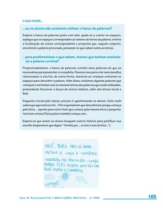 O que fazer...

                         ...se os alunos não souberem utilizar o banco de palavras?
                         Explore o banco de palavras junto com eles: ajude-os a contar os espaços,
                         explique que os espaços correspondem ao número de letras da palavra, oriente
                         a localização da coluna correspondente e proponha que, naquele conjunto,
                         encontrem a palavra procurada, pensando no que sabem sobre as letras.

                         ...para problematizar o que sabem, mesmo que tenham assinala-
                            do a palavra correta?
                         Propositadamente, o banco de palavras contém mais palavras do que as
                         necessárias para preencher a cruzadinha. Fizemos isso para criar mais desafios
                         relacionados à escrita; de outra forma, bastaria as crianças contarem os
                         espaços para descobrir a palavra. Além disso, incluímos algumas palavras que
                         começam e terminam com as mesmas letras das palavras que serão utilizadas,
                         pretendendo favorecer a busca de outros indícios, além das letras inicial e
                         final.

                         Enquanto circula pela classe, procure ir questionando os alunos: Como vocês
                         sabem que aqui está escrito...? Se responderem que descobriram porque começa
                         pela letra..., aponte para outro item que comece pela mesma letra e pergunte:
                         Você tem certeza? Esta palavra também começa com...

                         Espera-se que assim os alunos busquem outros indícios para justificar sua
                         escolha (esperamos que digam: “Termina por..., ou tem o som da letra...”).




                     Guia de Planejamento e Orientações didáticas - 2 a série                             105


guia_planej_orient_2aSerie_vol1.indd 105                                                                  2009-10-27 09:33
 