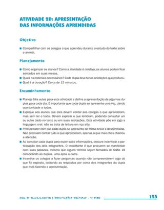 ATIVIDADE 2d: APRESENTAÇÃO
                     DAS INFORMAÇÕES APRENDIDAS

                     Objetivo

                       	 Compartilhar com os colegas o que aprendeu durante o estudo do texto sobre
                         o animal.

                     Planejamento

                       	 Como organizar os alunos? Como a atividade é coletiva, os alunos podem ficar
                         sentados em suas mesas.
                       	 Quais os materiais necessários? Cada dupla deve ter as anotações que produziu.
                       	 Qual é a duração? Cerca de 15 minutos.

                     Encaminhamento

                       	 Planeje três aulas para esta atividade e defina a apresentação de algumas du-
                         plas para cada dia. É importante que cada dupla se apresente uma vez, dando
                         oportunidade a todas.
                       	 Explique aos alunos que eles devem contar aos colegas o que aprenderam,
                         mas sem ler o texto. Devem explicar o que lembram, podendo consultar um
                         ou outro dado no texto ou em suas anotações. Esta atividade põe em jogo a
                         linguagem oral: não se trata de leitura em voz alta.
                       	 Procure fazer com que cada dupla se apresente de forma breve e descontraída.
                         Não precisam contar tudo o que aprenderam, apenas o que mais lhes chamou
                         a atenção.
                       	 Ao convidar cada dupla para expor suas informações, procure incentivar a par-
                         ticipação dos dois integrantes. O importante é que procurem se manifestar
                         com suas palavras, mesmo que alguns termos sejam tomados do texto. Vá
                         convocando as duplas, uma após a outra.
                       	 Incentive os colegas a fazer perguntas quando não compreenderem algo do
                         que foi exposto, deixando as respostas por conta dos integrantes da dupla
                         que está fazendo a apresentação.




                     Guia de Planejamento e Orientações didáticas - 2 a série                             125


guia_planej_orient_2aSerie_vol1.indd 125                                                                  2009-10-27 09:33
 
