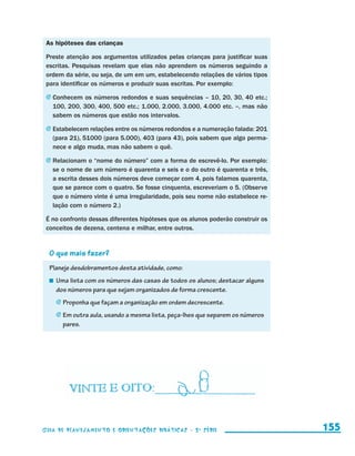 As hipóteses das crianças

                       Preste atenção aos argumentos utilizados pelas crianças para justificar suas
                       escritas. Pesquisas revelam que elas não aprendem os números seguindo a
                       ordem da série, ou seja, de um em um, estabelecendo relações de vários tipos
                       para identificar os números e produzir suas escritas. Por exemplo:

                       j	Conhecem os números redondos e suas sequências – 10, 20, 30, 40 etc.;
                          100, 200, 300, 400, 500 etc.; 1.000, 2.000, 3.000, 4.000 etc. –, mas não
                          sabem os números que estão nos intervalos.

                       j	Estabelecem relações entre os números redondos e a numeração falada: 201
                          (para 21), 51000 (para 5.000), 403 (para 43), pois sabem que algo perma-
                          nece e algo muda, mas não sabem o quê.

                       j	Relacionam o “nome do número” com a forma de escrevê-lo. Por exemplo:
                          se o nome de um número é quarenta e seis e o do outro é quarenta e três,
                          a escrita desses dois números deve começar com 4, pois falamos quarenta,
                          que se parece com o quatro. Se fosse cinquenta, escreveriam o 5. (Observe
                          que o número vinte é uma irregularidade, pois seu nome não estabelece re-
                          lação com o número 2.)

                       É no confronto dessas diferentes hipóteses que os alunos poderão construir os
                       conceitos de dezena, centena e milhar, entre outros.


                         O que mais fazer?
                         Planeje desdobramentos desta atividade, como:
                           	 Uma lista com os números das casas de todos os alunos; destacar alguns
                             dos números para que sejam organizados de forma crescente.
                            j	Proponha que façam a organização em ordem decrescente.

                            j	Em outra aula, usando a mesma lista, peça-lhes que separem os números
                                pares.




                     Guia de Planejamento e Orientações didáticas - 2 a série                          155


guia_planej_orient_2aSerie_vol1.indd 155                                                               2009-10-27 09:33
 