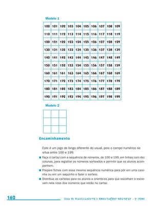 Modelo 1

                                           	     100	 101	 102	 103	 104	 105	 106	 107	 108	 109

                                           	     110	 111	 112	 113	 114	 115	 116	 117	 118	 119

                                           	     120	 121	 122	 123	 124	 125	 126	 127	 128	 129

                                           	     130	 131	 132	 133	 134	 135	 136	 137	 138	 139

                                           	     140	 141	 142	 143	 144	 145	 146	 147	 148	 149

                                           	     150	 151	 152	 153	 154	 155	 156	 157	 158	 159

                                           	     160	 161	 161	 163	 164	 165	 166	 167	 168	 169

                                           	     170	 171	 172	 173	 174	 175	 176	 177	 178	 179

                                           	     180	 181	 182	 183	 184	 185	 186	 187	 188	 189

                                           	     190	 191	 192	 193	 194	 195	 196	 197	 198	 199

                                                  Modelo 2




                                           Encaminhamento

                                               Este é um jogo de bingo diferente do usual, pois o campo numérico se
                                               situa entre 100 e 199.
                                               	 Faça o cartaz com a sequência de números, de 100 a 199, em linhas com dez
                                                 colunas, para registrar os números sorteados e permitir que os alunos acom-
                                                 panhem.
                                               	 Prepare fichas com essa mesma sequência numérica para pôr em uma caixi-
                                                 nha ou em um saquinho e fazer o sorteio.
                                               	 Distribua as cartelas para os alunos e oriente-os para que escolham e escre-
                                                 vam nela nove dos números que estão no cartaz.




     162                                                        Guia de Planejamento e Orientações didáticas - 2 a série




guia_planej_orient_2aSerie_vol1.indd 162                                                                                        2009-10-27 09:33
 