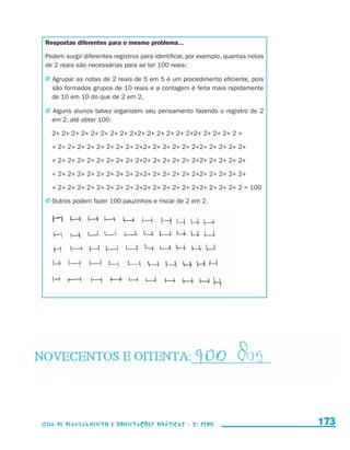 Respostas diferentes para o mesmo problema...

                       Podem surgir diferentes registros para identificar, por exemplo, quantas notas
                       de 2 reais são necessárias para se ter 100 reais:

                       j Agrupar as notas de 2 reais de 5 em 5 é um procedimento eficiente, pois
                          são formados grupos de 10 reais e a contagem é feita mais rapidamente
                          de 10 em 10 do que de 2 em 2.

                       j Alguns alunos talvez organizem seu pensamento fazendo o registro de 2
                          em 2, até obter 100:

                          2+ 2+ 2+ 2+ 2+ 2+ 2+ 2+ 2+2+ 2+ 2+ 2+ 2+ 2+2+ 2+ 2+ 2+ 2 +

                          + 2+ 2+ 2+ 2+ 2+ 2+ 2+ 2+ 2+2+ 2+ 2+ 2+ 2+ 2+2+ 2+ 2+ 2+ 2+

                          + 2+ 2+ 2+ 2+ 2+ 2+ 2+ 2+ 2+2+ 2+ 2+ 2+ 2+ 2+2+ 2+ 2+ 2+ 2+

                          + 2+ 2+ 2+ 2+ 2+ 2+ 2+ 2+ 2+2+ 2+ 2+ 2+ 2+ 2+2+ 2+ 2+ 2+ 2+

                          + 2+ 2+ 2+ 2+ 2+ 2+ 2+ 2+ 2+2+ 2+ 2+ 2+ 2+ 2+2+ 2+ 2+ 2+ 2 = 100

                       j	Outros podem fazer 100 pauzinhos e riscar de 2 em 2.




                     Guia de Planejamento e Orientações didáticas - 2 a série                           173


guia_planej_orient_2aSerie_vol1.indd 173                                                                2009-10-27 09:33
 