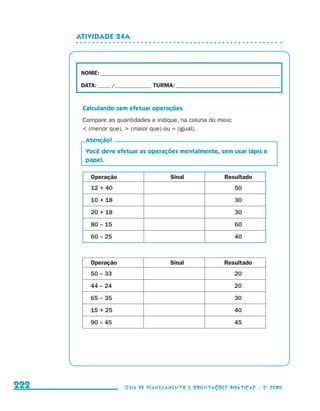 Atividade 24a



                                            NOME:___________________________________________________________________________

                                            DATA: _____ /_______________	TURMA:____________________________________________


                                            Calculando sem efetuar operações
                                            Compare as quantidades e indique, na coluna do meio:
                                             (menor que),  (maior que) ou = (igual).
                                             Atenção!
                                             Você deve efetuar as operações mentalmente, sem usar lápis e
                                             papel.

                                               Operação                         Sinal                Resultado
                                               12 + 40                                                   50
                                               10 + 18                                                   30
                                               20 + 18                                                   30
                                               80 – 15                                                   60
                                               60 – 25                                                   40



                                               Operação                        Sinal                 Resultado
                                               50 – 33                                                   20
                                               44 – 24                                                   20
                                               65 – 35                                                   30
                                               15 + 25                                                   40
                                               90 – 45                                                   45




     222                                                     Guia de Planejamento e Orientações didáticas - 2 a série




guia_planej_orient_2aSerie_vol1.indd 222                                                                                       2009-10-27 09:33
 