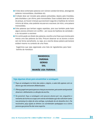 A lista deve contemplar palavras com número variável de letras, abrangendo
                             palavras monossílabas, dissílabas etc.
                           	 O ditado deve ser iniciado pela palavra polissílaba, depois pela trissílaba,
                             pela dissílaba e, por último, pela monossílaba. Esse cuidado deve ser toma-
                             do porque, se houver crianças que escrevem segundo a hipótese do número
                             mínimo de letras, elas poderão recusar-se a escrever, de início, uma palavra
                             monossílaba.
                           	 Evite palavras que tenham vogais repetidas, pois isso também pode fazer
                             alguns alunos entrarem em conflito – por causa da hipótese da variedade –
                             e se recusarem a escrever.
                           	 Em continuação ao ditado das palavras, escolha uma frase que envolva pelo
                             menos uma das palavras da lista. Procure observar se os alunos a escre-
                             vem de forma semelhante, ou seja, se a escrita dessa palavra permanece
                             estável mesmo no contexto de uma frase.

                           	 Sugerimos que seja organizada uma lista de ingredientes para fazer
                             bolinho de mandioca:


                                                           MANDIOCA
                                                            FARINHA
                                                             GEMAS
                                                              SAL
                                                   MAMÃE USA FARINHA



                         Veja algumas dicas para encaminhar a sondagem:
                         j	 aça as sondagens no início das aulas e, depois, a cada mês apenas com os
                           F
                             alunos que não estiverem alfabetizados.

                         j	 fereça papel sem pauta para as crianças escreverem, pois assim será possível
                           O
                             observar o alinhamento e a direção da escrita.

                         j	 e possível, faça a sondagem com poucos alunos por vez, enquanto o
                           S
                             restante da turma se ocupa com outras atividades que não solicitem tanto
                             sua presença (a cópia de uma cantiga, a produção de um desenho etc.). Se
                             necessário, peça ajuda ao diretor, ao coordenador pedagógico ou a outra
                             pessoa que possa lhe dar esse suporte.




                     Guia de Planejamento e Orientações didáticas - 2 a série                                 31


guia_planej_orient_2aSerie_vol1.indd 31                                                                     2009-10-27 09:32
 