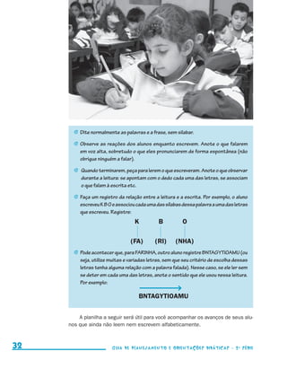 j	 Dite normalmente as palavras e a frase, sem silabar.

                                              j	 bserve as reações dos alunos enquanto escrevem. Anote o que falarem
                                                O
                                                em voz alta, sobretudo o que eles pronunciarem de forma espontânea (não
                                                obrigue ninguém a falar).

                                              j	  uando terminarem, peça para lerem o que escreveram. Anote o que observar
                                                 Q
                                                 durante a leitura: se apontam com o dedo cada uma das letras, se associam
                                                 o que falam à escrita etc.

                                              j	 aça um registro da relação entre a leitura e a escrita. Por exemplo, o aluno
                                                F
                                                escreveu K B O e associou cada uma das sílabas dessa palavra a uma das letras
                                                que escreveu. Registre:
                                          	                              K	         B	         O

                                          	                             (FA)	      (RI)	    (NHA)
                                              j	 ode acontecer que, para FARINHA, outro aluno registre BNTAGYTIOAMU (ou
                                                P
                                                seja, utilize muitas e variadas letras, sem que seu critério de escolha dessas
                                                letras tenha alguma relação com a palavra falada). Nesse caso, se ele ler sem
                                                se deter em cada uma das letras, anote o sentido que ele usou nessa leitura.
                                                Por exemplo:

                                                                           BNTAGYTIOAMU


                                              A planilha a seguir será útil para você acompanhar os avanços de seus alu-
                                          nos que ainda não leem nem escrevem alfabeticamente.



     32                                                        Guia de Planejamento e Orientações didáticas - 2 a série




guia_planej_orient_2aSerie_vol1.indd 32                                                                                          2009-10-27 09:33
 