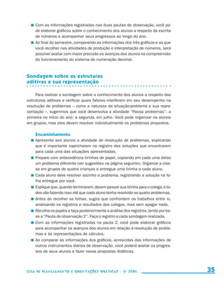 Com as informações registradas nas duas pautas de observação, você po-
                             de elaborar gráficos sobre o conhecimento dos alunos a respeito da escrita
                             de números e acompanhar seus progressos ao longo do ano.
                           	 Ao final do semestre, comparando as informações dos três gráficos e as que
                             você recolher nas atividades de produção e interpretação de números, será
                             possível avaliar com maior precisão os avanços dos alunos na compreensão
                             do funcionamento do sistema de numeração decimal.



                     Sondagem sobre as estruturas
                     aditivas e sua representação

                          Para realizar a sondagem sobre o conhecimento dos alunos a respeito das
                     estruturas aditivas e verificar quais fatores interferem em seu desempenho na
                     resolução de problemas – como a natureza da situação-problema e sua repre-
                     sentação –, sugerimos que você desenvolva a atividade “Passa problemas”: a
                     primeira no início do ano; a segunda, em julho. Você pode organizar os alunos
                     em grupos, mas eles devem resolver individualmente os problemas propostos.

                             Encaminhamento
                           	 Apresente aos alunos a atividade de resolução de problemas, explicando
                             que é importante capricharem no registro das soluções que encontrarem
                             para cada uma das situações apresentadas.
                           	 Prepare com antecedência tirinhas de papel, copiando em cada uma delas
                             um problema diferente (ver sugestões na página seguinte). Organize a clas-
                             se em grupos de quatro crianças e entregue uma tirinha a cada aluno.
                           	 Cada aluno deve resolver sozinho o problema, registrando a solução na fo-
                             lha entregue por você.
                           	 Explique que, quando terminarem, devem passar sua tirinha para o colega, e to-
                             dos vão fazendo isso até que cada aluno tenha resolvido os quatro problemas.
                           	 Antes de recolher as folhas, sugira que confrontem os trabalhos entre si,
                             analisando os registros e resultados dos colegas, mas sem apagar nada.
                           	 Recolha os papéis e faça posteriormente a análise dos registros, tendo por ba­
                             se a “Pauta de observação 2”. Faça o registro a cada sondagem realizada.
                           	 Com as informações registradas na pauta 2, você pode elaborar gráficos
                             para acompanhar os avanços dos alunos em relação à resolução de proble-
                             mas e às representações de cálculos.
                           	 Ao comparar as informações dos gráficos, acrescidas das informações de
                             outros instrumentos diários de observação, você poderá avaliar os progres-
                             sos de seus alunos e fazer novas propostas didáticas.



                     Guia de Planejamento e Orientações didáticas - 2 a série                                   35


guia_planej_orient_2aSerie_vol1.indd 35                                                                       2009-10-27 09:33
 