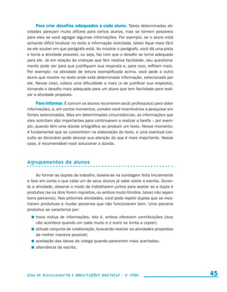 Para criar desafios adequados a cada aluno. Talvez determinadas ati-
                     vidades pareçam muito difíceis para certos alunos, mas se tornem possíveis
                     para eles se você agregar algumas informações. Por exemplo, se o aluno está
                     achando difícil localizar no texto a informação solicitada, talvez fique mais fácil
                     se ele souber em que parágrafo está. Ao mostrar o parágrafo, você dá uma pista
                     e torna a atividade possível, ou seja, faz com que o desafio se torne adequado
                     para ele. Já em relação às crianças que têm relativa facilidade, seu questiona-
                     mento pode ser para que justifiquem sua resposta e, para isso, reflitam mais.
                     Por exemplo: na atividade de leitura exemplificada acima, você pede a outro
                     aluno que mostre no texto onde está determinada informação, selecionada por
                     ele. Nesse caso, coloca uma dificuldade a mais (a de justificar sua resposta),
                     tornando o desafio mais adequado para um aluno que tem facilidade para reali-
                     zar a atividade proposta.

                             Para informar. É comum os alunos recorrerem ao(à) professor(a) para obter
                     informações, e, em certos momentos, convém você incentivá-los a pesquisar em
                     fontes selecionadas. Mas em determinadas circunstâncias, as informações que
                     eles solicitam são importantes para continuarem a realizar a tarefa – por exem-
                     plo, quando têm uma dúvida ortográfica ao produzir um texto. Nesse momento,
                     é fundamental que se concentrem na elaboração do texto, e uma eventual con-
                     sulta ao dicionário pode desviar sua atenção do que é mais importante. Nesse
                     caso, é recomendável você solucionar a dúvida.



                     Agrupamentos de alunos

                          Ao formar as duplas de trabalho, baseie-se na sondagem feita inicialmente
                     e leve em conta o que cada um de seus alunos já sabe sobre a escrita. Duran-
                     te a atividade, observe o modo de trabalharem juntos para avaliar se a dupla é
                     produtiva (se os dois forem inquietos, ou ambos muito tímidos, talvez não sejam
                     bons parceiros). Nas próximas atividades, você pode repetir duplas que se mos-
                     traram produtivas e mudar parcerias que não funcionaram bem. Uma parceria
                     produtiva se caracteriza por:
                           	 troca mútua de informações, isto é, ambos oferecem contribuições (isso
                             não acontece quando um sabe muito e o outro se limita a copiar);
                           	 atitude conjunta de colaboração, buscando realizar as atividades propostas
                             da melhor maneira possível;
                           	 aceitação das ideias do colega quando parecerem mais acertadas;
                           	 alternância da escrita.




                     Guia de Planejamento e Orientações didáticas - 2 a série                                45


guia_planej_orient_2aSerie_vol1.indd 45                                                                    2009-10-27 09:33
 