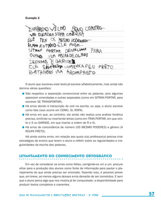 Exemplo 2




                         O aluno que escreveu este texto já escreve alfabeticamente, mas ainda não
                     domina várias questões:
                           	 Não respeitou a separação convencional entre as palavras, pois algumas
                             aparecem emendadas e outras separadas (como em SITRAN PORTAR, para
                             escrever SE TRANSPORTAR).
                           	 Há erros devido à transcrição do oral na escrita, ou seja, o aluno escreve
                             como fala (isso ocorre em COMU, SI, ROPA).
                           	 Há erros em que, ao contrário, ele ainda não realiza uma análise fonética
                             precisa, omitindo ou invertendo letras (como em TRAN PORTAR, em que omi-
                             te o S ou GARNDE, em que inverte a ordem de R e A).
                           	 Há erros de concordância de número (OS MESMO PODERES) e gênero (A
                             ROUPA PRETO).
                          Há ainda outros erros, em relação aos quais o(a) professor(a) precisa criar
                     estratégias de ensino que levem o aluno a refletir sobre as regularidades e irre-
                     gularidades da escrita das palavras.


                     Levantamento do conhecimento ortográfico

                          Em vez de considerar os erros como faltas, corrigindo-os um a um, procure
                     olhar para a produção dos alunos como fonte de informação para pautar o pla-
                     nejamento do que ainda precisa ser ensinado. Fazendo isso, é possível prever
                     que, em breve, ao menos alguns desses erros deixarão de ser cometidos. E sem
                     que o aluno perca algo que nos mostra já ter conquistado: a disponibilidade para
                     produzir textos completos e coerentes.


                     Guia de Planejamento e Orientações didáticas - 2 a série                               57


guia_planej_orient_2aSerie_vol1.indd 57                                                                   2009-10-27 09:33
 