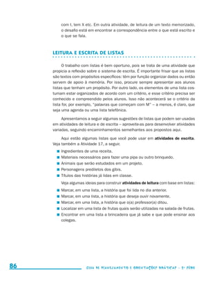 com I, tem X etc. Em outra atividade, de leitura de um texto memorizado,
                                              o desafio está em encontrar a correspondência entre o que está escrito e
                                              o que se fala.



                                          Leitura e escrita de listas

                                                O trabalho com listas é bem oportuno, pois se trata de uma atividade que
                                          propicia a reflexão sobre o sistema de escrita. É importante frisar que as listas
                                          são textos com propósitos específicos: têm por função organizar dados ou então
                                          servem de apoio à memória. Por isso, procure sempre apresentar aos alunos
                                          listas que tenham um propósito. Por outro lado, os elementos de uma lista cos-
                                          tumam estar organizados de acordo com um critério, e esse critério precisa ser
                                          conhecido e compreendido pelos alunos. Isso não acontecerá se o critério da
                                          lista for, por exemplo, “palavras que começam com M” – a menos, é claro, que
                                          seja uma agenda ou uma lista telefônica.

                                               Apresentamos a seguir algumas sugestões de listas que podem ser usadas
                                          em atividades de leitura e de escrita – aproveite-as para desenvolver atividades
                                          variadas, seguindo encaminhamentos semelhantes aos propostos aqui.

                                               Aqui estão algumas listas que você pode usar em atividades de escrita.
                                          Veja também a Atividade 17, a seguir.
                                             	 Ingredientes de uma receita.
                                             	 Materiais necessários para fazer uma pipa ou outro brinquedo.
                                             	 Animais que serão estudados em um projeto.
                                             	 Personagens prediletos dos gibis.
                                             	 Títulos das histórias já lidas em classe.
                                              Veja algumas ideias para construir atividades de leitura com base em listas:
                                             	 Marcar, em uma lista, a história que foi lida no dia anterior.
                                             	 Marcar, em uma lista, a história que deseja ouvir novamente.
                                             	 Marcar, em uma lista, a história que o(a) professor(a) ditou.
                                             	 Localizar em uma lista de frutas quais serão utilizadas na salada de frutas.
                                             	 Encontrar em uma lista a brincadeira que já sabe e que pode ensinar aos
                                               colegas.




     86                                                      Guia de Planejamento e Orientações didáticas - 2 a série




guia_planej_orient_2aSerie_vol1.indd 86                                                                                       2009-10-27 09:33
 