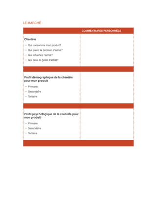 LE MARCHÉ

		                                          COMMENTAIRES PERSONNELS


Clientèle

 •	 Qui consomme mon produit?
 •	 Qui prend la décision d’achat?
 •	 Qui influence l’achat?
 •	 Qui pose le geste d’achat?




Profil démographique de la clientèle
pour mon produit

 •	 Primaire
 •	 Secondaire
 •	 Tertiaire




Profil psychologique de la clientèle pour
mon produit

 •	 Primaire
 •	 Secondaire
 •	 Tertiaire
 