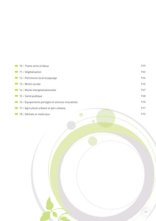 10 – Trame verte et bleue
11 – Végétalisation
12 – Patrimoine local et paysage
13 – Mixité sociale
14 – Mixité intergénérationnelle
15 – Santé publique
16 – Equipements partagés et services mutualisés
17 – Agriculture urbaine et péri-urbaine
18 – Déchets et matériaux
P.59
P.62
P.64
P.65
P.67
P.68
P.70
P.71
P.72
31
 