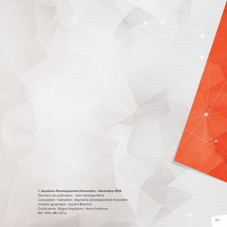 © Aquitaine Développement Innovation - Novembre 2014 
Directeur de publication : Jean-Georges Micol 
Conception / réalisation : Aquitaine Développement Innovation 
Création graphique : Laurent Marchet 
Crédit photo : Région Aquitaine / Hervé Lefebvre 
Réf. 2014-JML-127-a 
117 
 