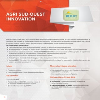 AGRI SUD-OUEST INNOVATION accompagne les acteurs et fournisseurs de l’agriculture et de l’agro-industrie dans l’émergence, la 
conception et le montage de projets de RD collaboratifs et innovants. Grâce au réseau de compétences interactives, le pôle cherche 
à créer une synergie entre les acteurs des « agrochaînes » et à développer ainsi la compétitivité régionale. 
Services proposés aux adhérents : 
 Participation à quatre clubs de l’innovation dédiés à la mise en réseau et à l’émergence de projets 
 Accompagnement au montage de projets de RD innovants et collaboratifs à tout stade des projets, en toute confi dentialité 
 Soumission des projets à la labellisation AGRI SUD-OUEST INNOVATION, reconnaissance de la solidité du projet et de sa pertinence 
vis-à-vis de la stratégie du pôle, permettant d’optimiser ses chances de soutiens fi nanciers 
 Implication dans la recherche et l’obtention de fi nancements adaptés 
 Accès à l’espace membre (veille technologique : fi ches mensuelles et e-letters thématiques) 
 Nouveauté 2015 : Formation «les clés de l’innovation» conçue spécialement pour les responsables et cadres d’entreprises des 
secteurs agricole et agro-industriel 
Labels 
 Pôle de compétitivité 
 Label Gold « European Cluster Management Excellence» 
Gouvernance 
Association loi 1901 
 Président: Daniel SEGONDS animant un bureau de 
10 personnes dont 5 représentants aquitains 
 Directeur Général: Alain GUICHOUX 
Moyens techniques, animation 
 Une équipe de 9 personnes dont 2 basées en Aquitaine et 
quatre dédiées aux projets. 
 Des relais départementaux en Aquitaine. 
Chi res clés au 31 août 2014 
 307 membres : entreprises, institutions et centres de 
recherche ou de formation 
 324 projets labellisés ou agréés, pour un volume fi nancier 
de 710 M€ et 107 M€ de fi nancements publics de nos 
partenaires 
AGRI SUDOUEST 
INNOVATION 
16 
 